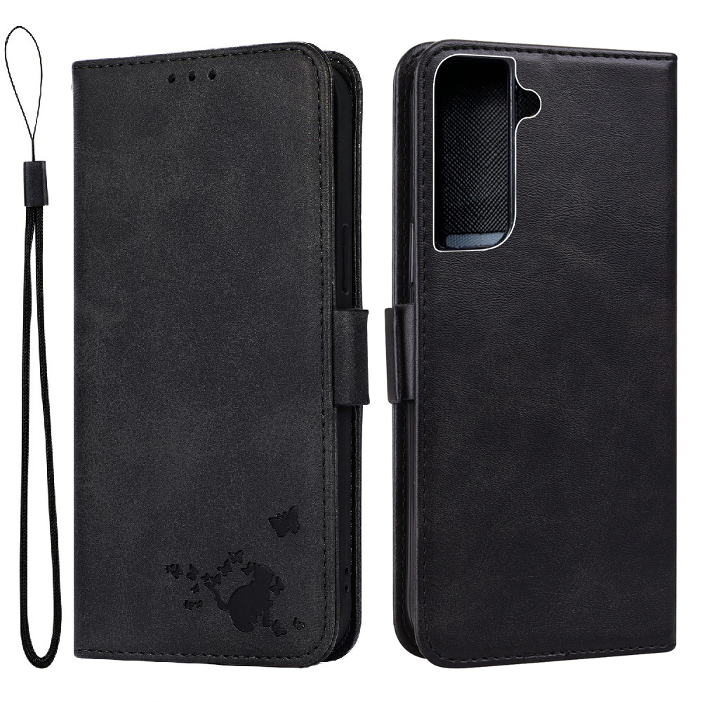 

Cat and Butterfly Pattern Imprinting PU Leather Flip Stand Wallet Case with Wrist Strap for Samsung Galaxy S22 5G - Black, Galaxy S22 5G