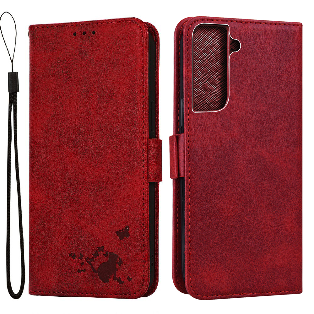 

Cat and Butterfly Pattern Imprinting PU Leather Flip Stand Wallet Case with Wrist Strap for Samsung Galaxy S22 5G - Red, Galaxy S22 5G