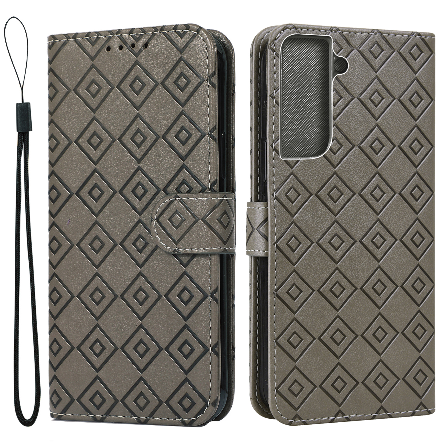 

Сетчатая Стержня Отпечатано Кожаным Кошельком PU Flip Stand Protective Phone Cover с Ремешком Для Samsung Galaxy S22+ 5G - Серый, Galaxy S22+ 5G