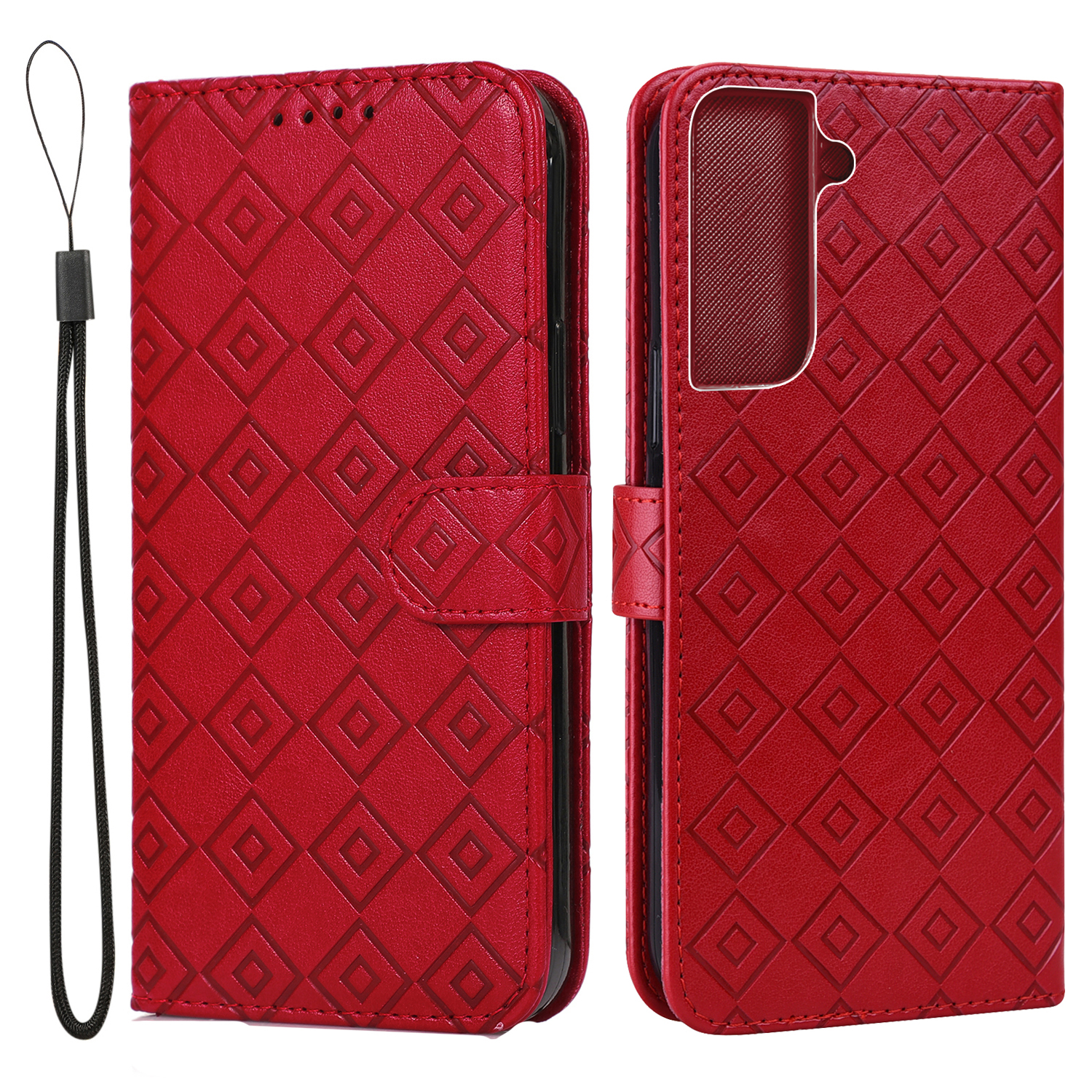 

Сетчатая Стержня Отпечатано Кожаным Кошельком PU Flip Stand Protective Phone Cover с Ремешком Для Samsung Galaxy S22+ 5G - Красный, Galaxy S22+ 5G