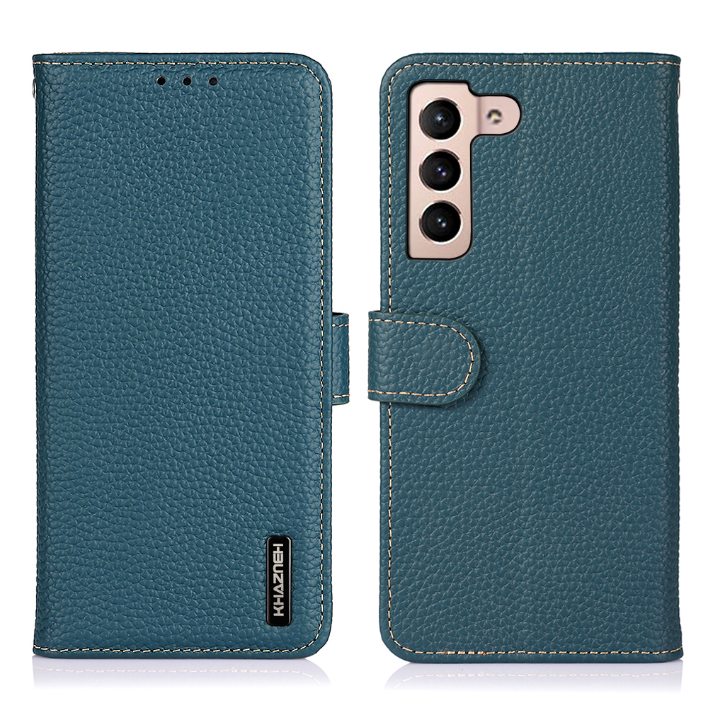 

KHAZNEH Litchi Texture Top Layer Genuine Leather Wallet Phone Case Overall Protection Magnetic Closure Cover for Samsung Galaxy S22 5G - Green, Galaxy S22 5G