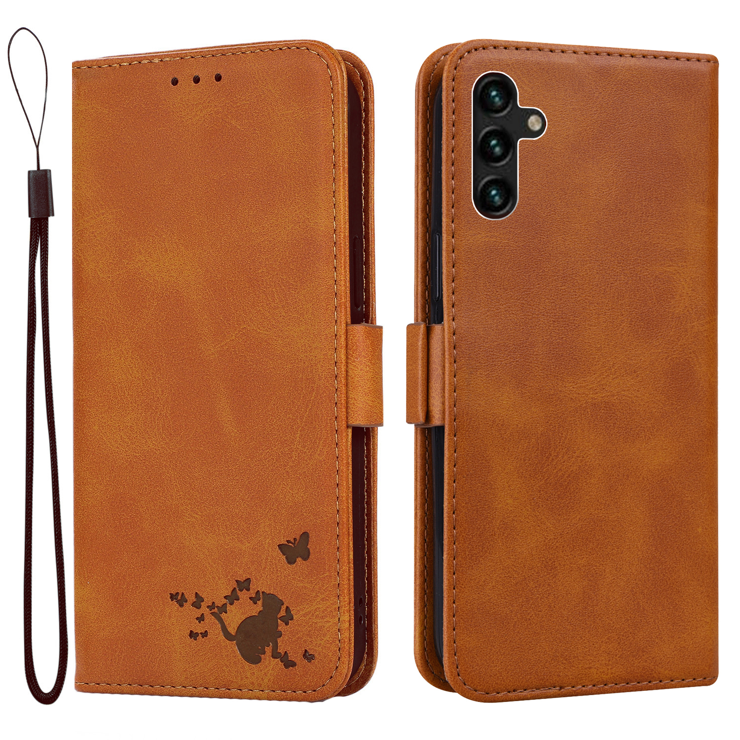 

Imprinting Cat Butterfly Wallet Stand Leather Cover Protector with Lanyard for Samsung Galaxy A13 5G - Orange, Galaxy A13 5G