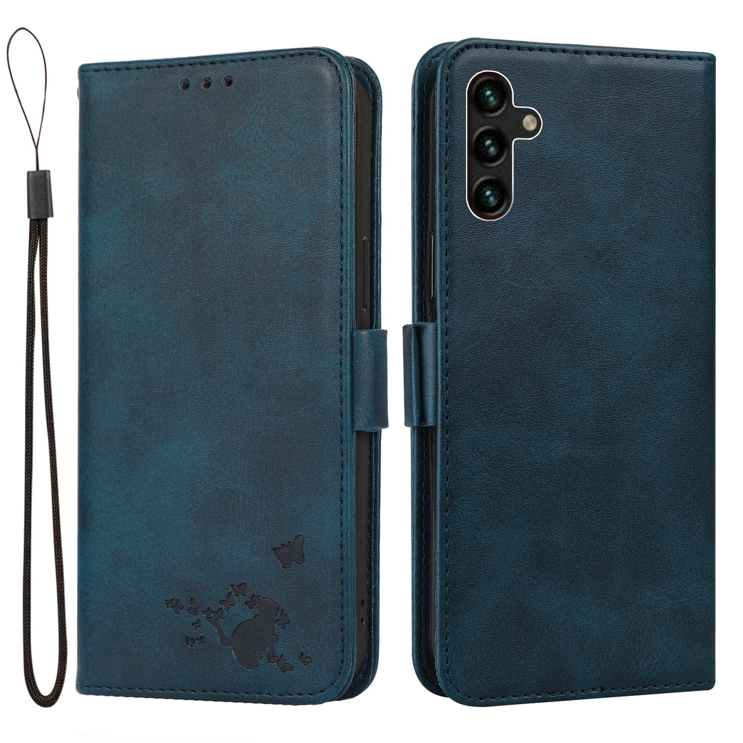 

Imprinting Cat Butterfly Wallet Stand Leather Cover Protector with Lanyard for Samsung Galaxy A13 5G - Blue, Galaxy A13 5G