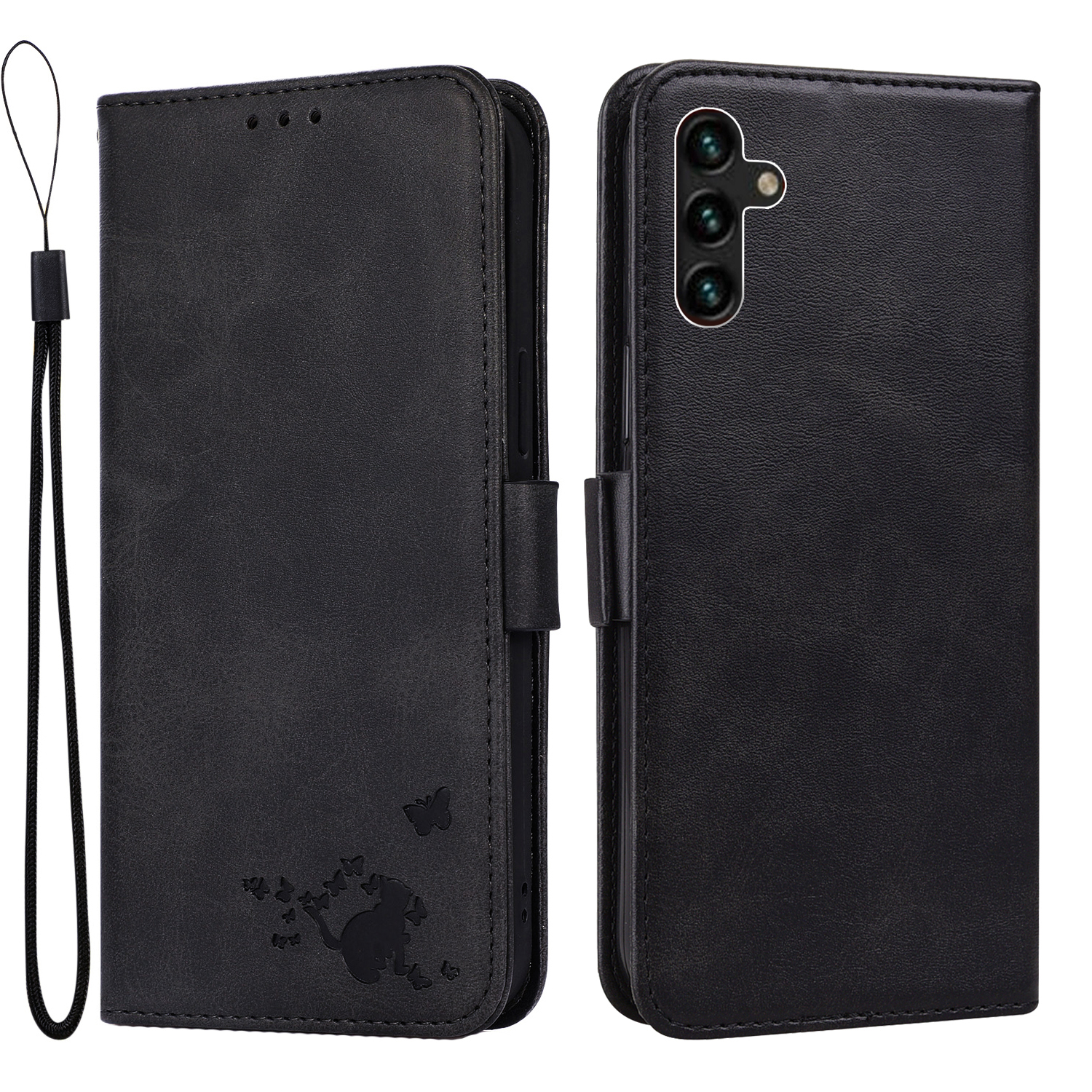 

Imprinting Cat Butterfly Wallet Stand Leather Cover Protector with Lanyard for Samsung Galaxy A13 5G - Black, Galaxy A13 5G
