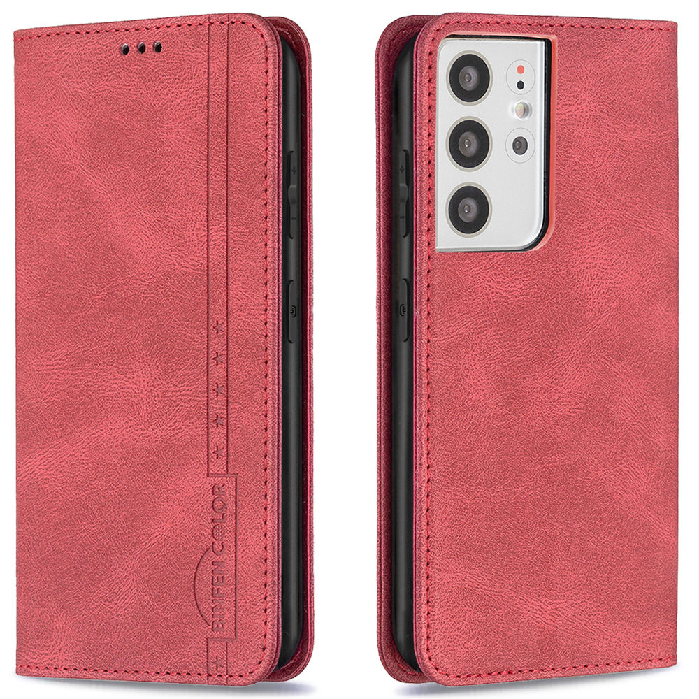 

BINFEN COLOR BF08 RFID Blocking Anti-Swiping Design Magnetic Closure Leather Phone Stand Case Wallet Cover for Samsung Galaxy S21 Ultra 5G - Red, Galaxy S21 Ultra 5G
