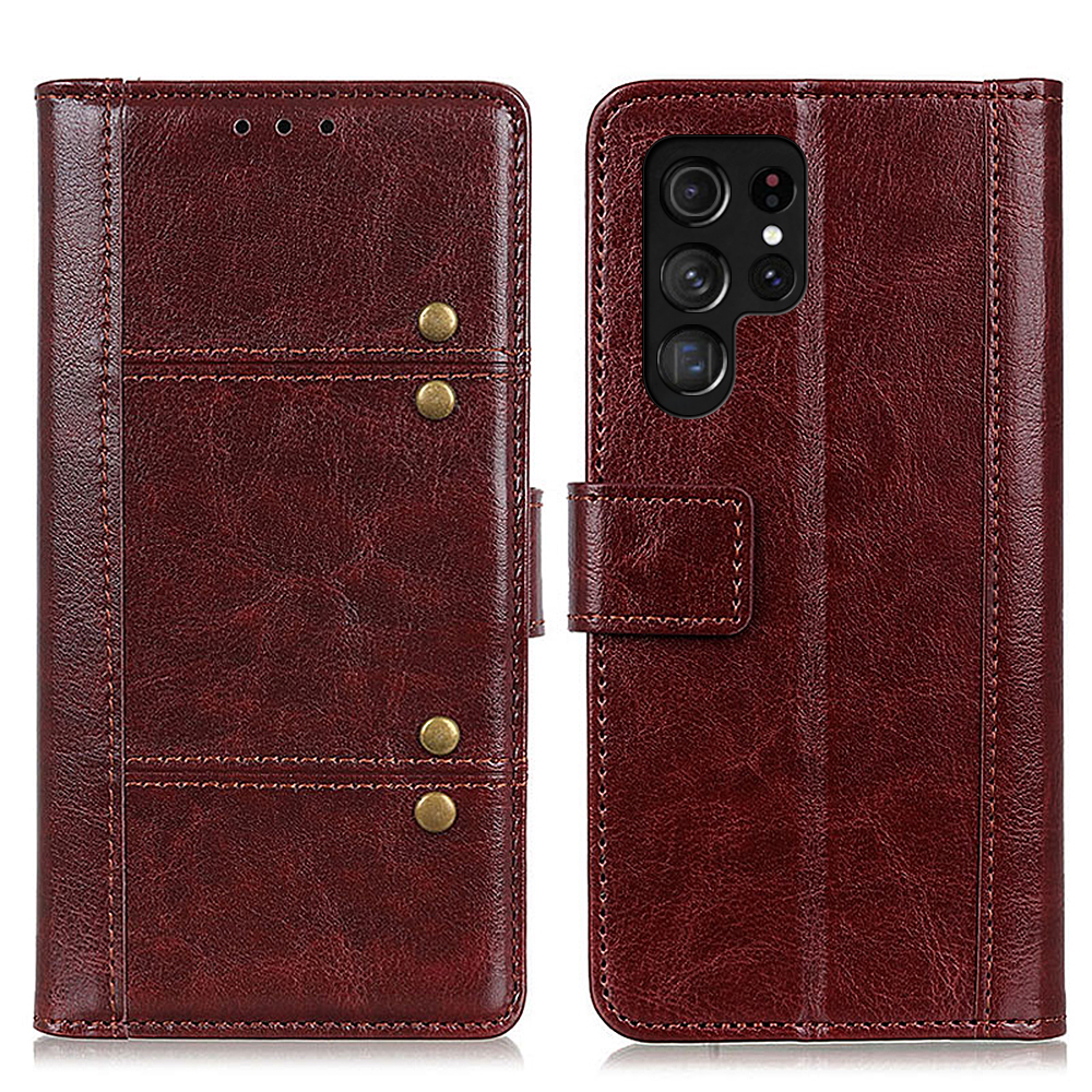 

Заклепка Decor Crazy Chestry Texture Flight Flip Soft PU Кожаный Кошелек Магнитный Прочный Ударопрочный Крышка Для Samsung Galaxy S22 Ultra - Коричневый, Galaxy S22 Ultra 5G