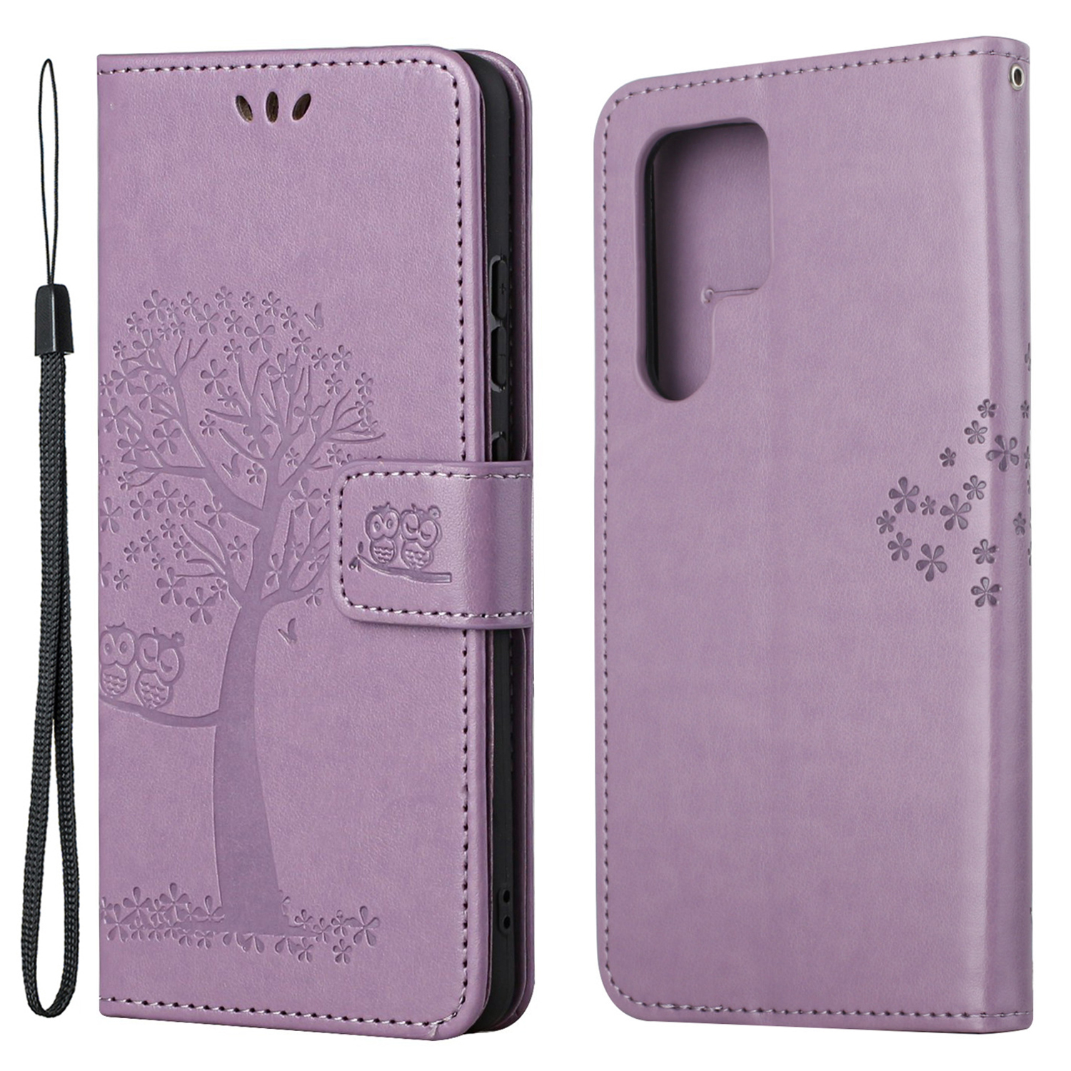 

Owl and Tree Pattern Imprinted PU Leather Protective Phone Stand Shell with Card Slots and Cash Pocket for Samsung Galaxy S22 Ultra 5G - Light Purple, Galaxy S22 Ultra 5G