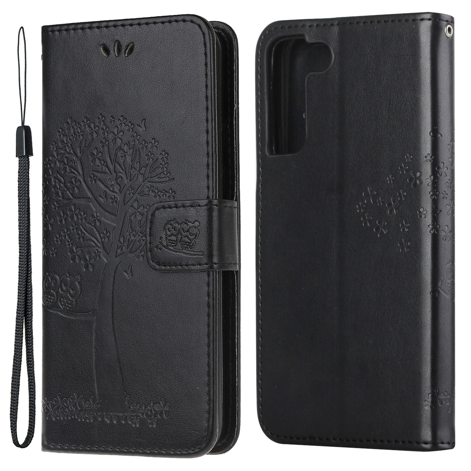 

Owl and Tree Pattern Imprinted Anti-fall PU Leather Protective Phone Stand Shell with Card Slots and Cash Pocket for Samsung Galaxy S22+ 5G - Black, Galaxy S22+ 5G