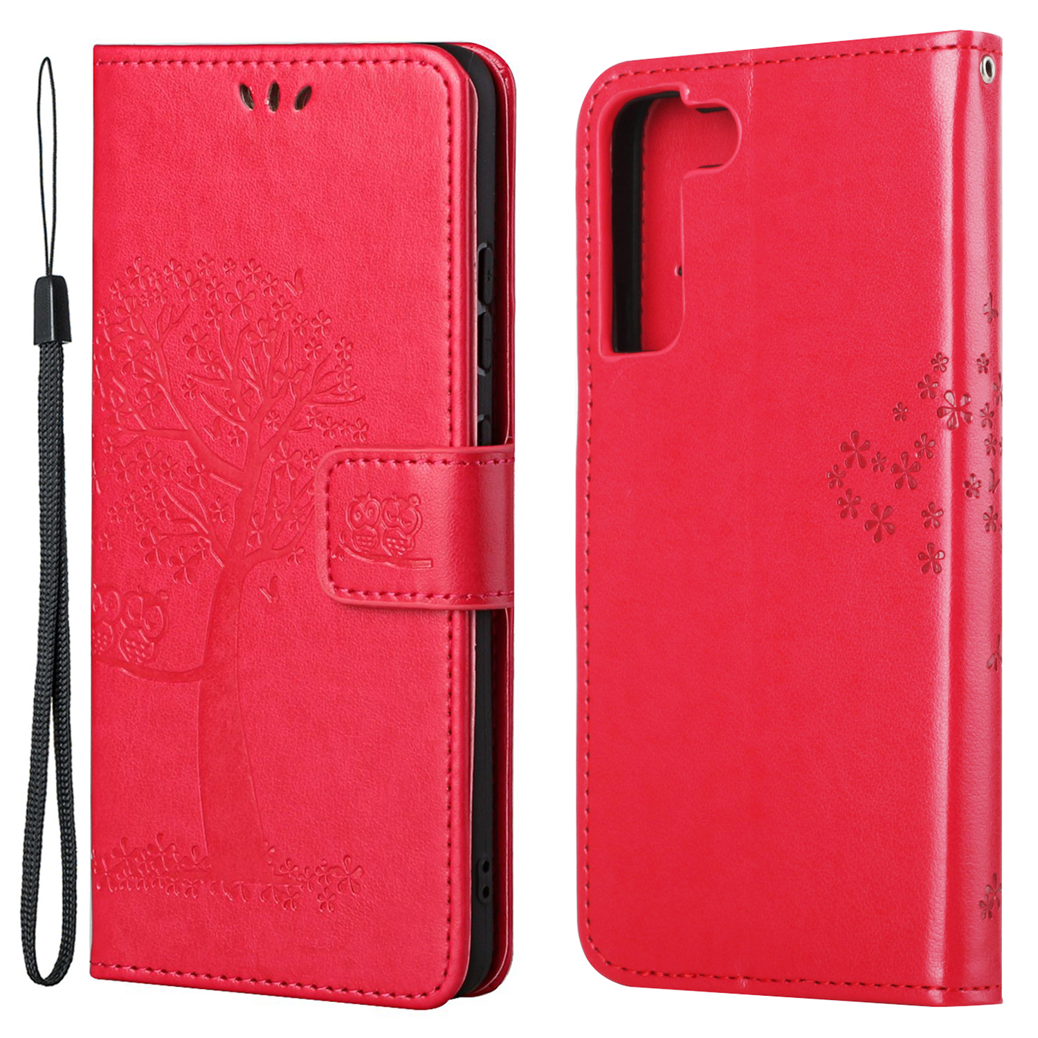 

Owl and Tree Pattern Imprinted Anti-fall PU Leather Protective Phone Stand Shell with Card Slots and Cash Pocket for Samsung Galaxy S22+ 5G - Red, Galaxy S22+ 5G