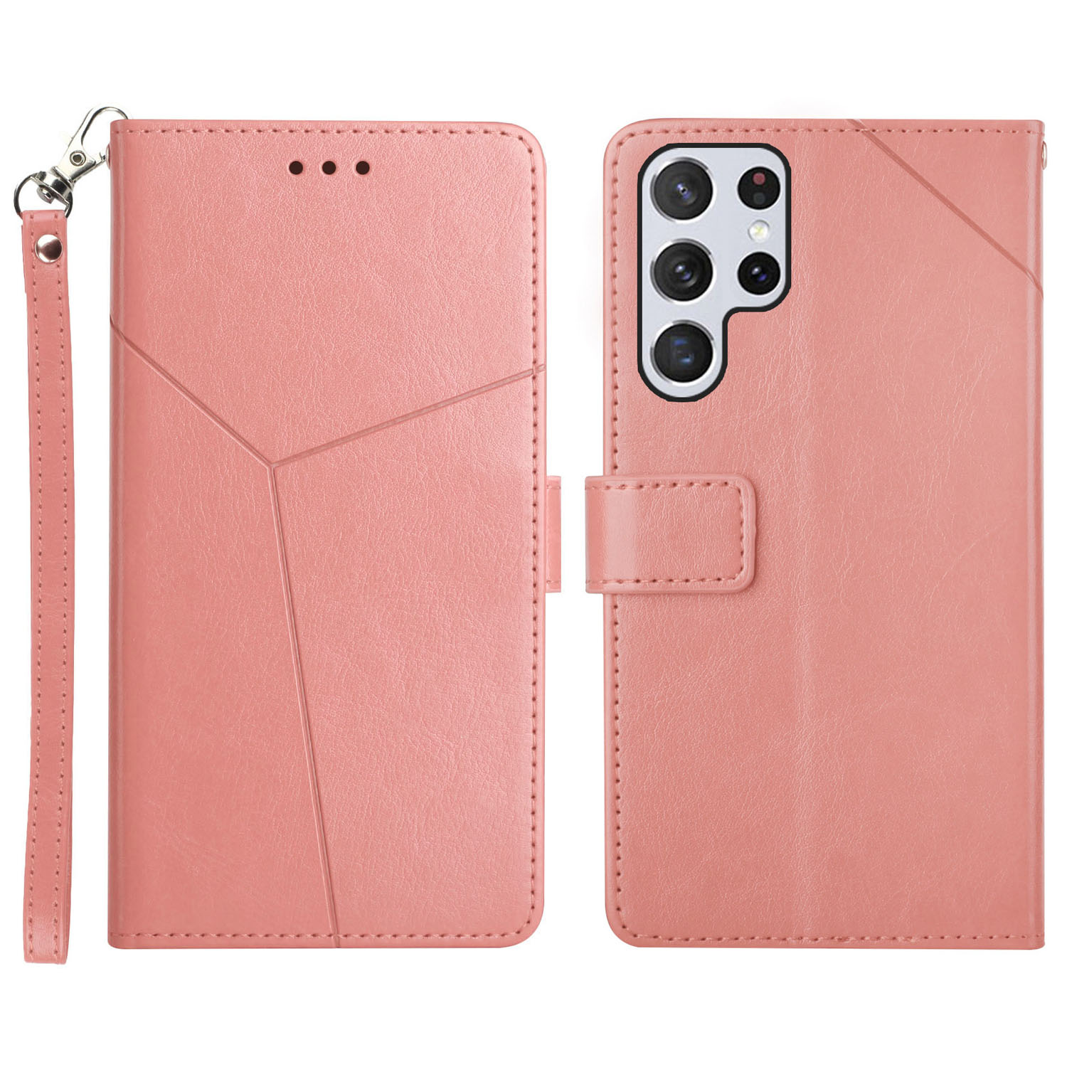 

Y-Shaped Lines Imprinting Wallet Stand Design Anti-fingerprint PU Leather Phone Cover Shell with Wrist Strap for Samsung Galaxy S22 Ultra 5G - Pink, Galaxy S22 Ultra 5G