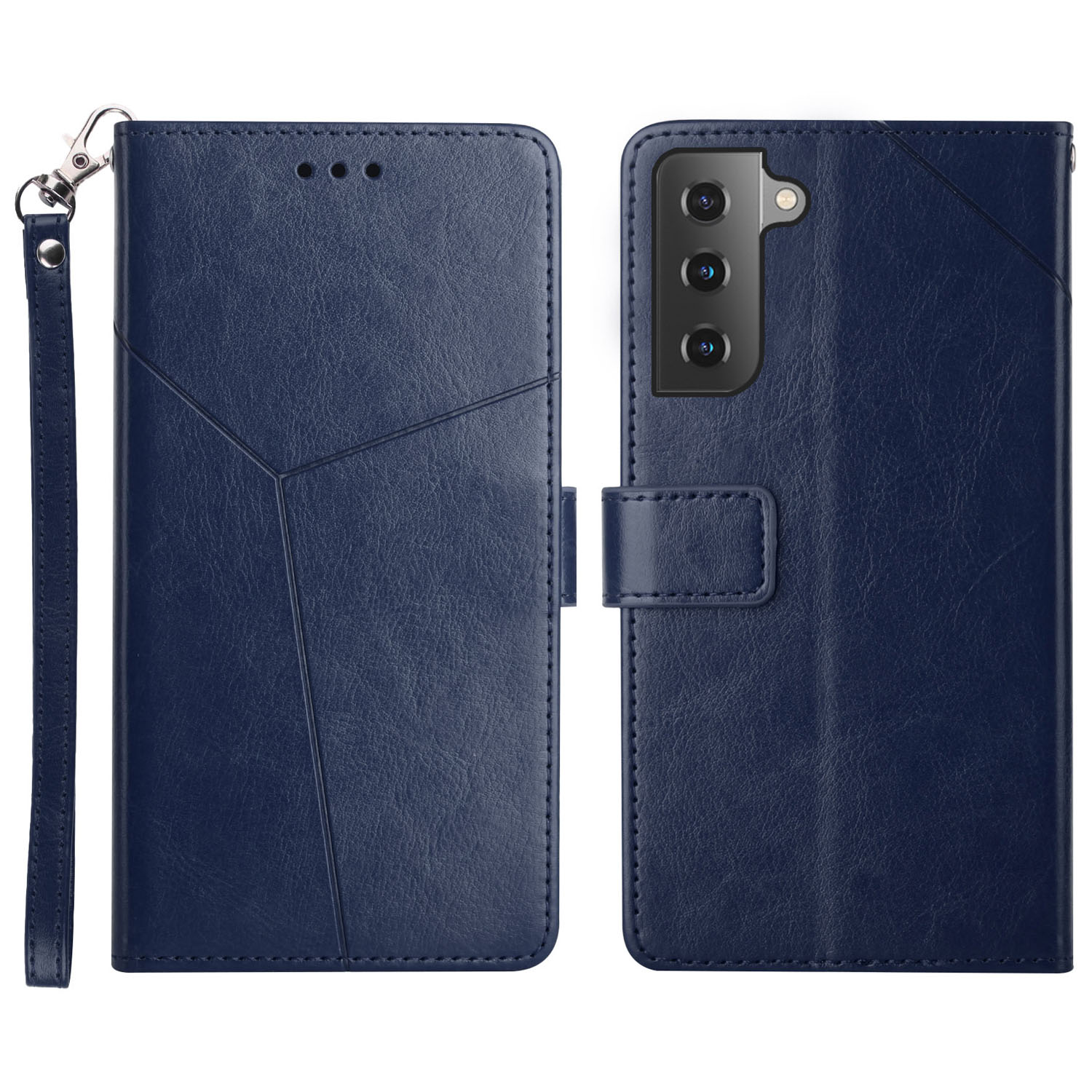 

Scratch-resistant Y-Shaped Lines Imprinting PU Leather Wallet Stand Phone Cover Shell with Handy Strap for Samsung Galaxy S22 5G - Blue, Galaxy S22 5G