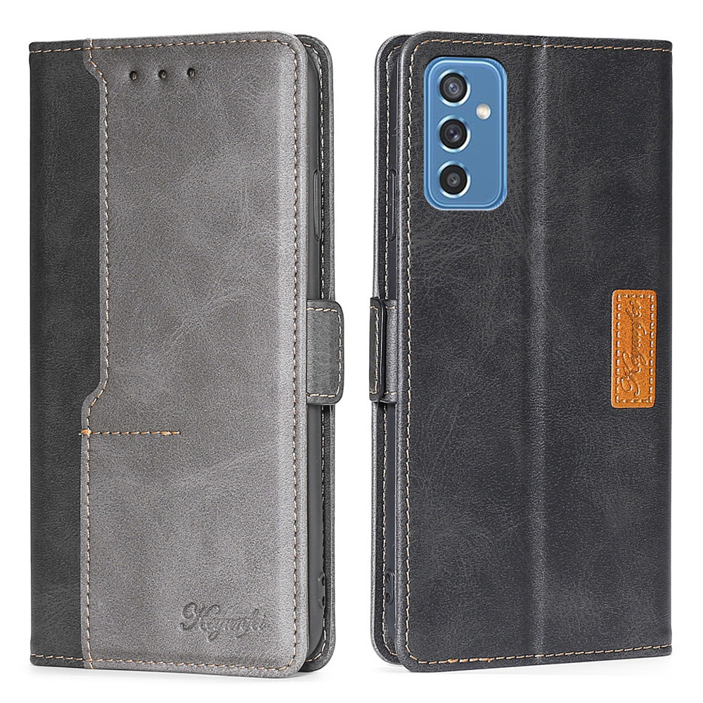 

Dual-color Splicing Retro Textured Leather Wallet Case Stand Magnetic Closure Folio Flip Protective Cover for Samsung Galaxy M52 5G - Black/Grey, Samsung Galaxy M52 5G