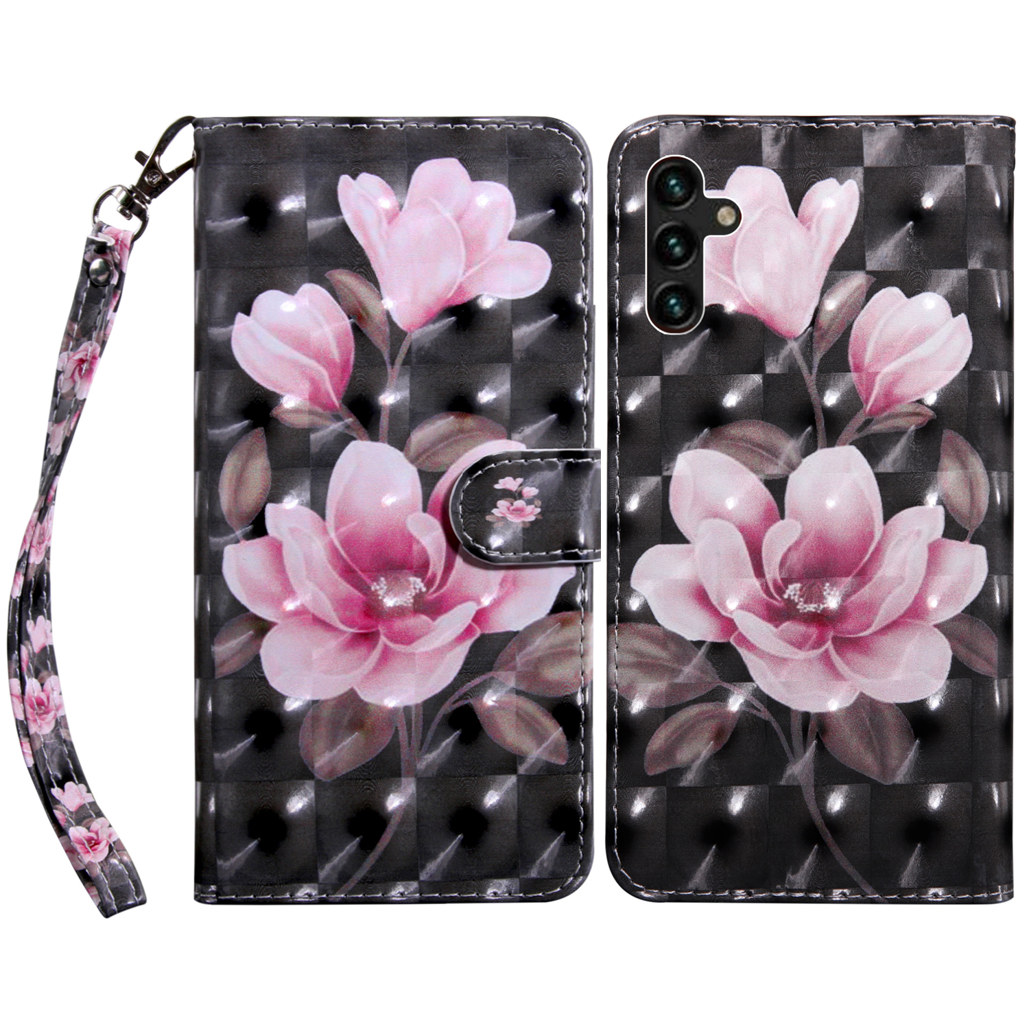 

Drop Shockproof 3D Creative Pattern Printing PU Leather Wallet Stand Flip Phone Case with Wrist Strap for Samsung Galaxy A13 5G / A04s 4G (164.7 x 76.7 x 9.1 mm) - Pink Flowers, Galaxy A13 5G