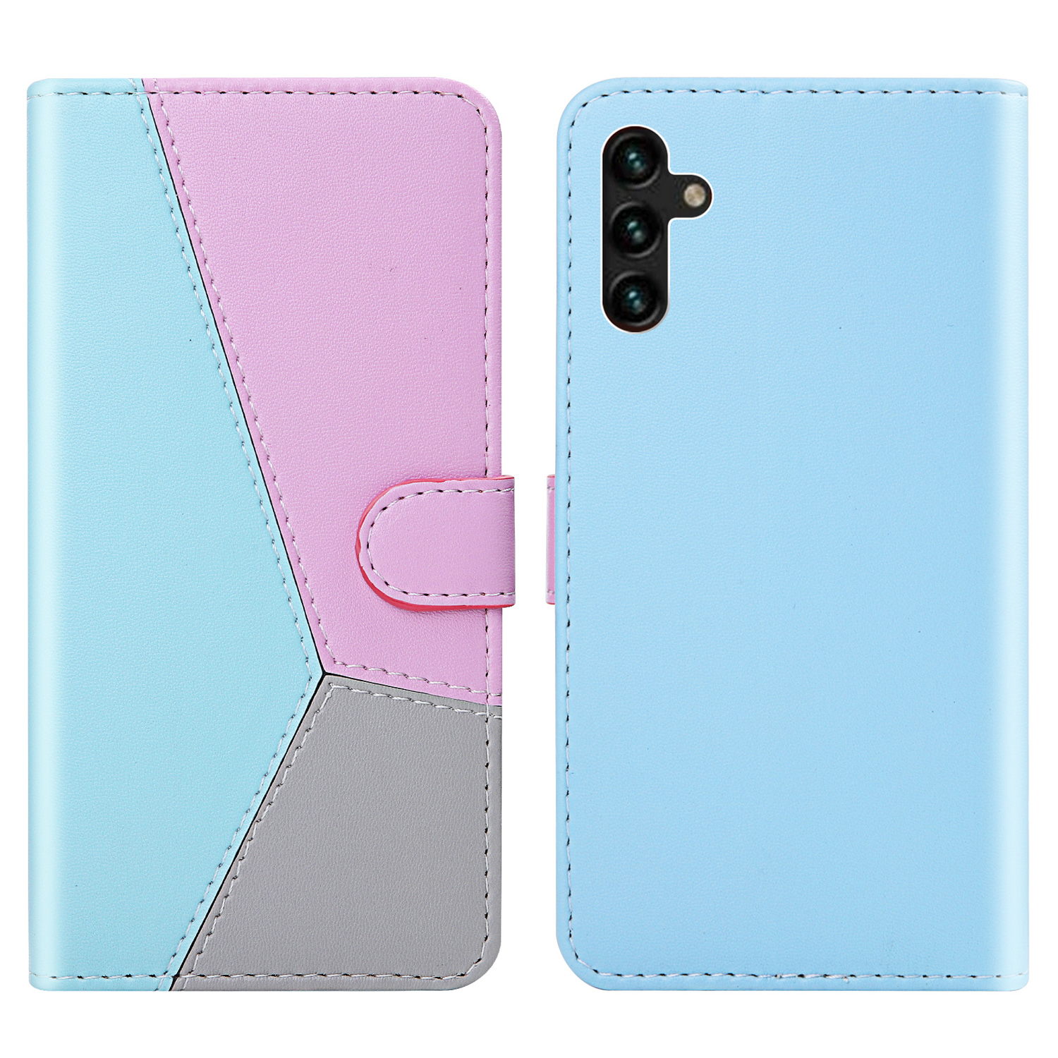 

Tri-color Splicing Design PU Leather Stand Wallet Cover Phone Case for Samsung Galaxy A13 5G / A04s 4G (164.7 x 76.7 x 9.1 mm) - Blue / Purple / Grey, Galaxy A13 5G