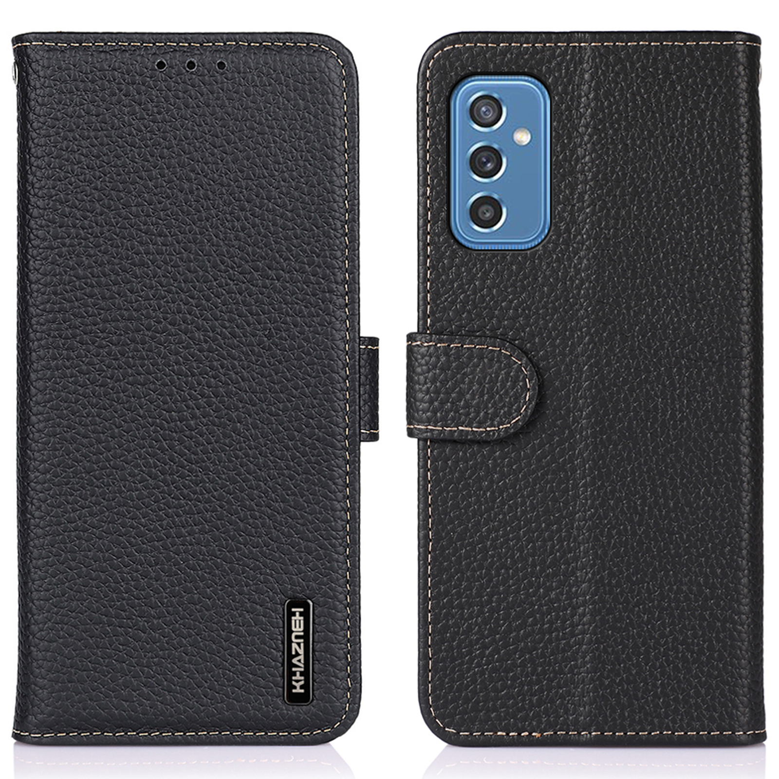 

KHAZNEH Litchi Texture Top Layer Genuine Leather All-round Protection Leather Wallet Cover Phone Case for Samsung Galaxy M52 5G - Black, Samsung Galaxy M52 5G