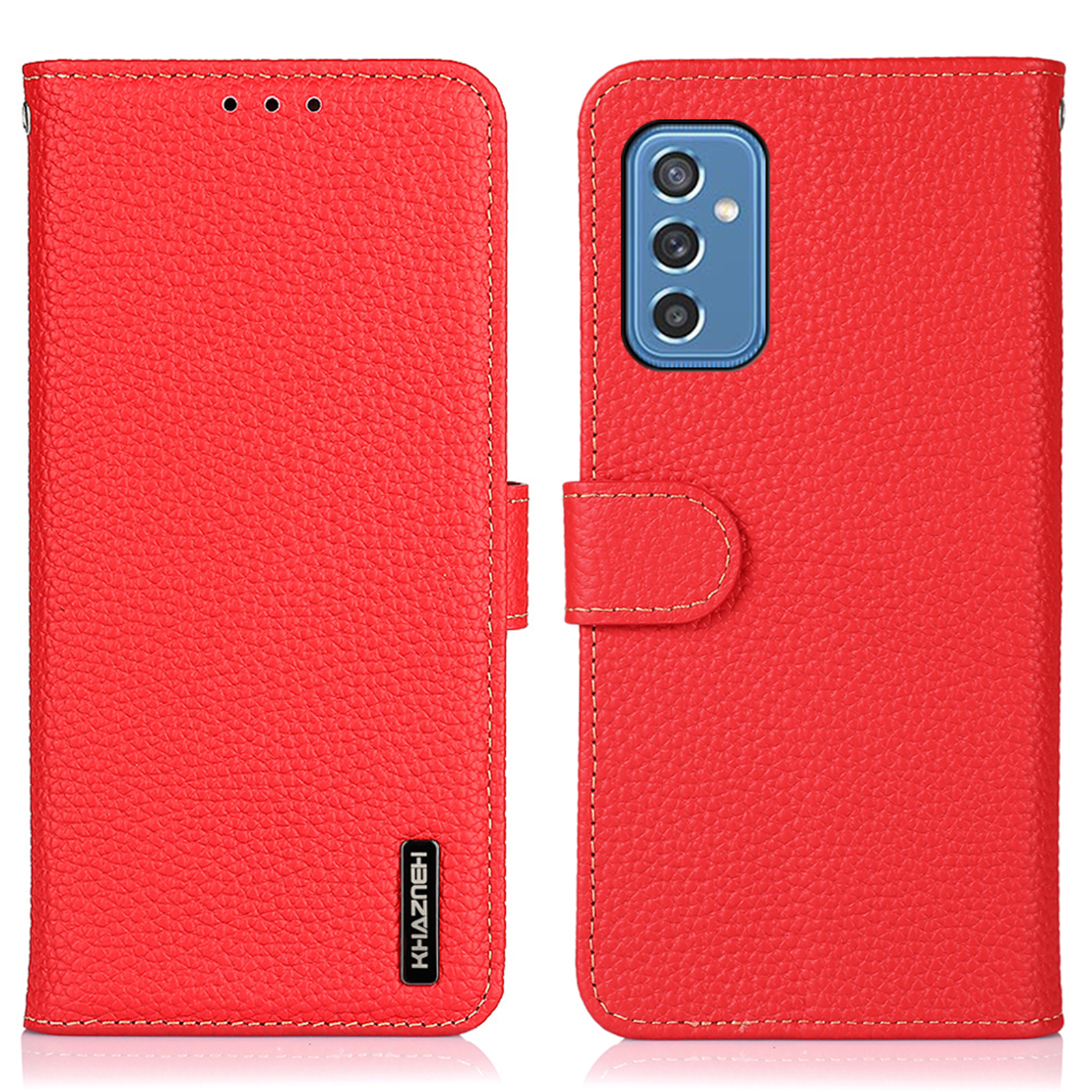 

KHAZNEH Litchi Texture Top Layer Genuine Leather All-round Protection Leather Wallet Cover Phone Case for Samsung Galaxy M52 5G - Red, Samsung Galaxy M52 5G