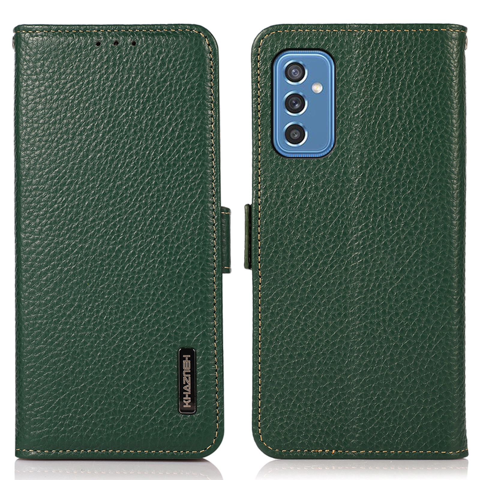 

KHAZNEH Litchi Texture Genuine Leather Phone Case Protector with RFID Blocking Anti-theft Swiping Design for Samsung Galaxy M52 5G - Green, Samsung Galaxy M52 5G