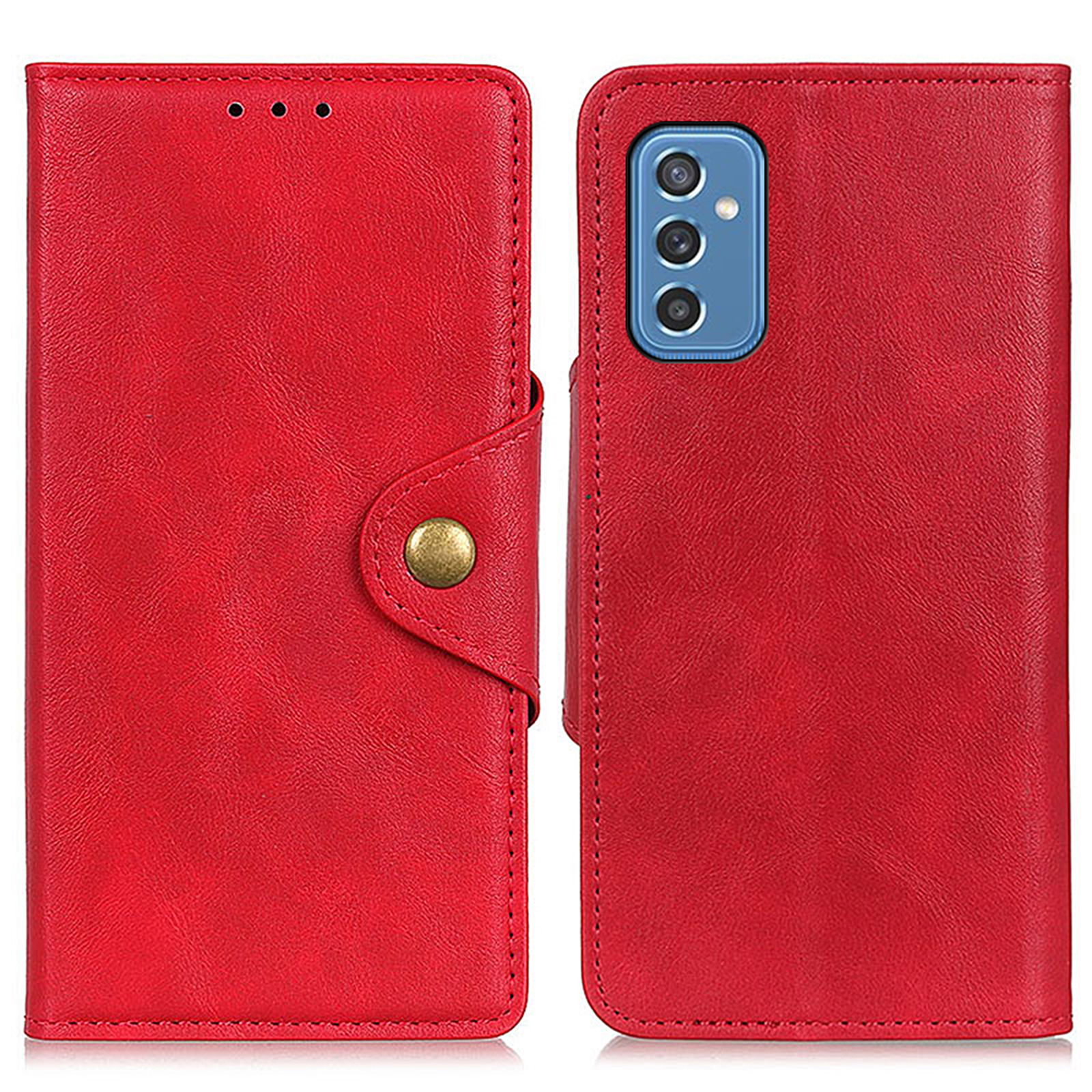 

For Samsung Galaxy M52 5G Shockproof Flip Phone Cover Brass Buckle Design PU Leather Wallet Stand Case with Magnetic Closure - Red, Samsung Galaxy M52 5G