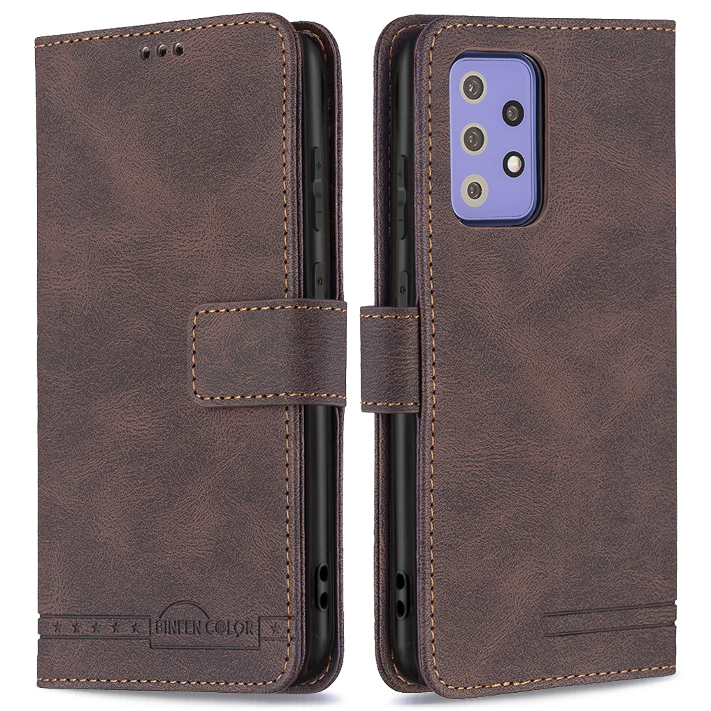 

BINFEN COLOR BF09 Full Protection RFID Blocking Anti-swiping Leather Phone Case Stand Wallet Shell for Samsung Galaxy A72 4G/5G - Brown, Galaxy A72 5G