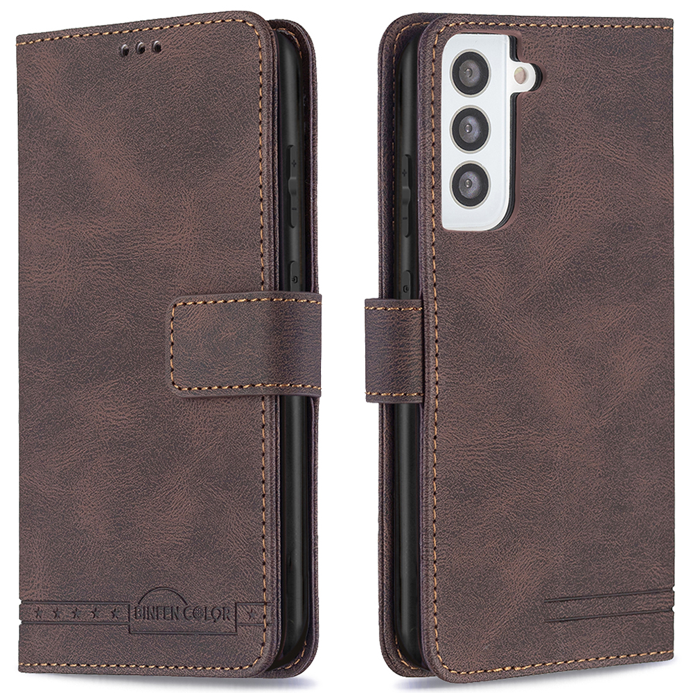 

BINFEN COLOR BF09 Fall Protection Magnetic Closure RFID Blocking Wallet Stand Phone Cover Shell for Samsung Galaxy S21 4G/5G - Brown, Galaxy S21 5G