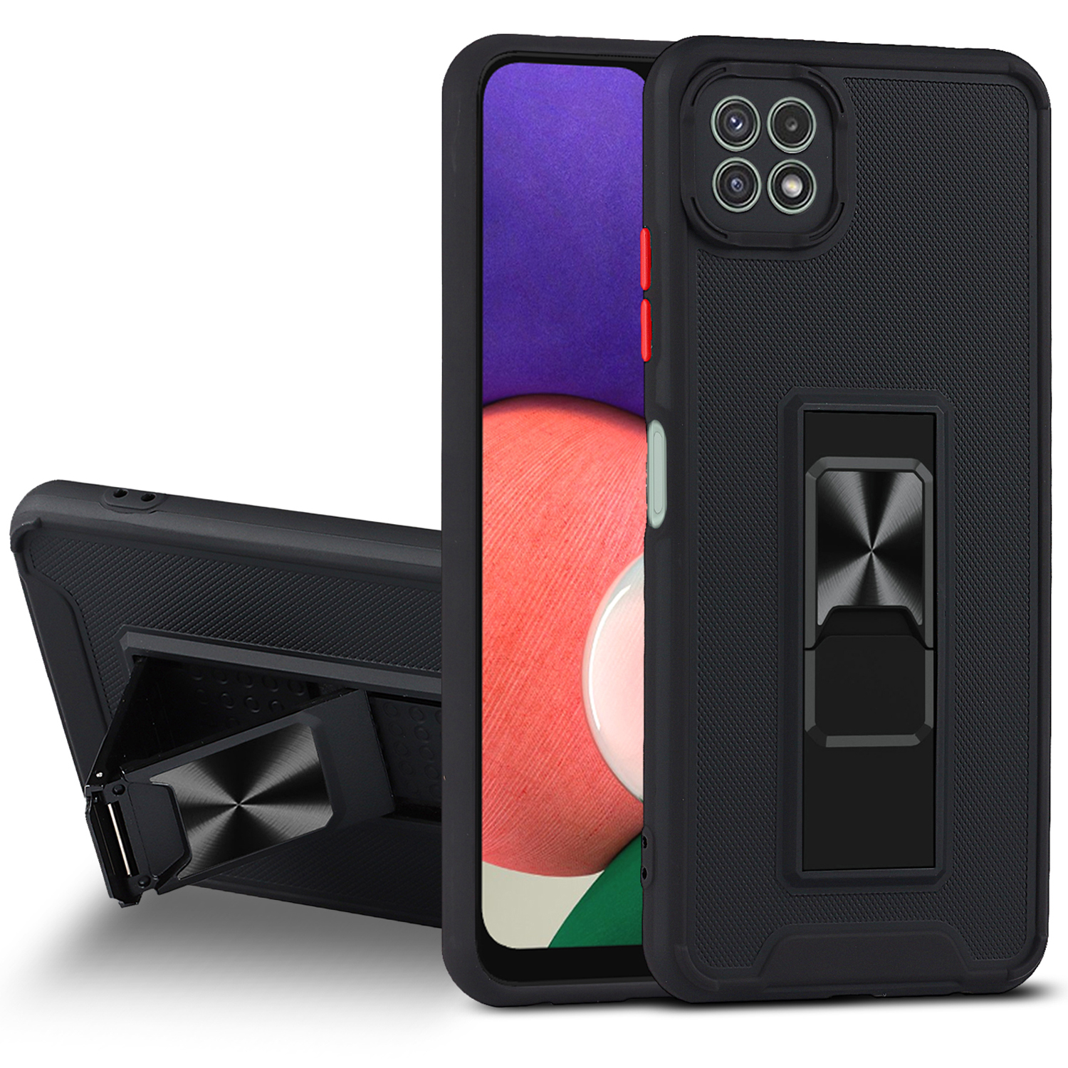 

Bi-color Skin-touch Feel Scratch-proof Phone Cover Shell with Kickstand for Samsung Galaxy A22 5G (EU Version) - Black, Galaxy A22 5G (EU Version)
