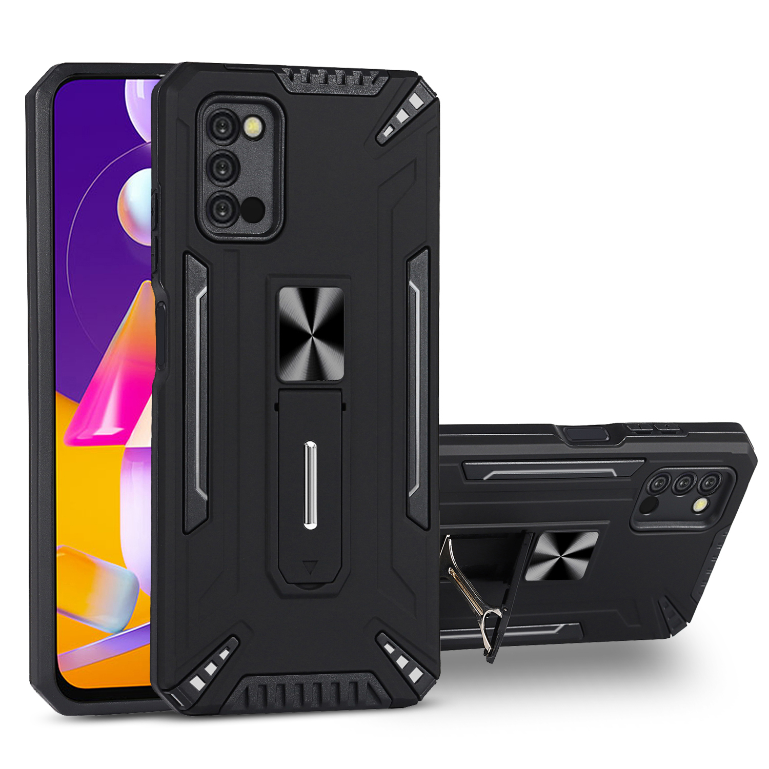 

Shock Absorbent PC + TPU Full Body Drop Protection Precise Cutout Phone Case with Magnetic Car Kickstand for Samsung Galaxy A03s (166.5 x 75.98 x 9.14mm) - Black, Samsung Galaxy A03s (166.5 x 75.98 x 9.14mm)