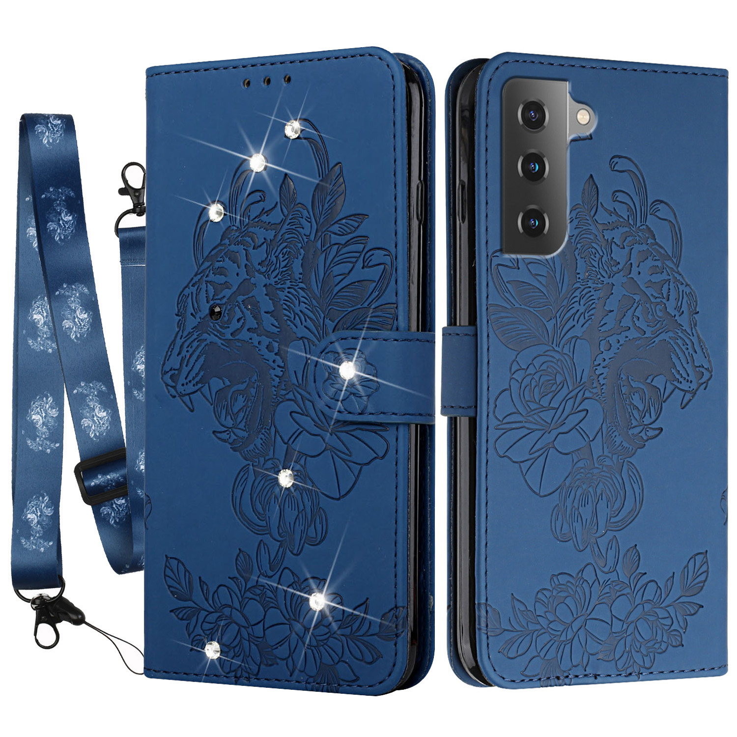 

Декора с Стразами Импринтинг Тигровой Голов Кожаная Подставка - Синий, Galaxy S22 5G