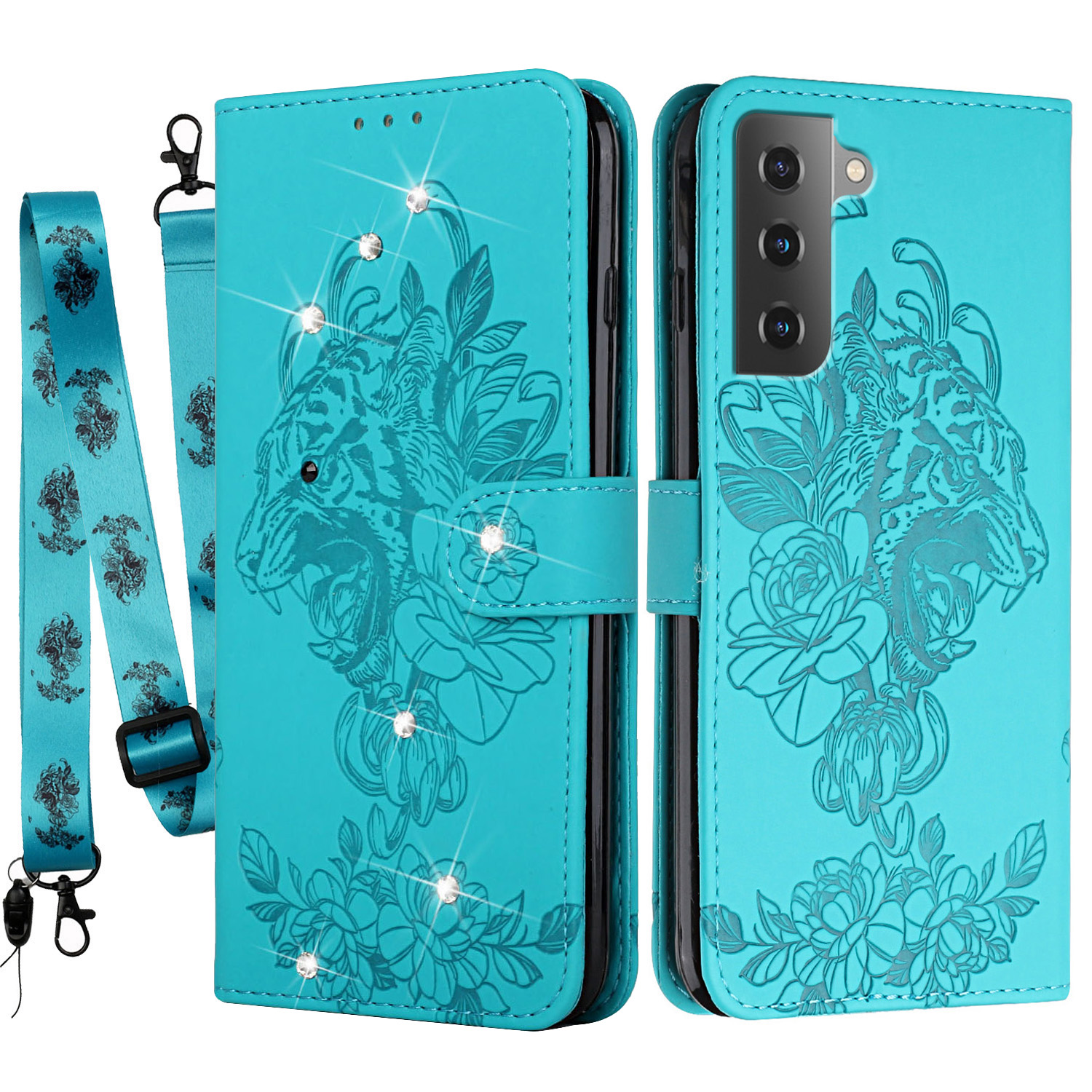 

Декора с Стразами Импринтинг Тигровой Голов Кожаная Подставка - Зеленый, Galaxy S22 5G