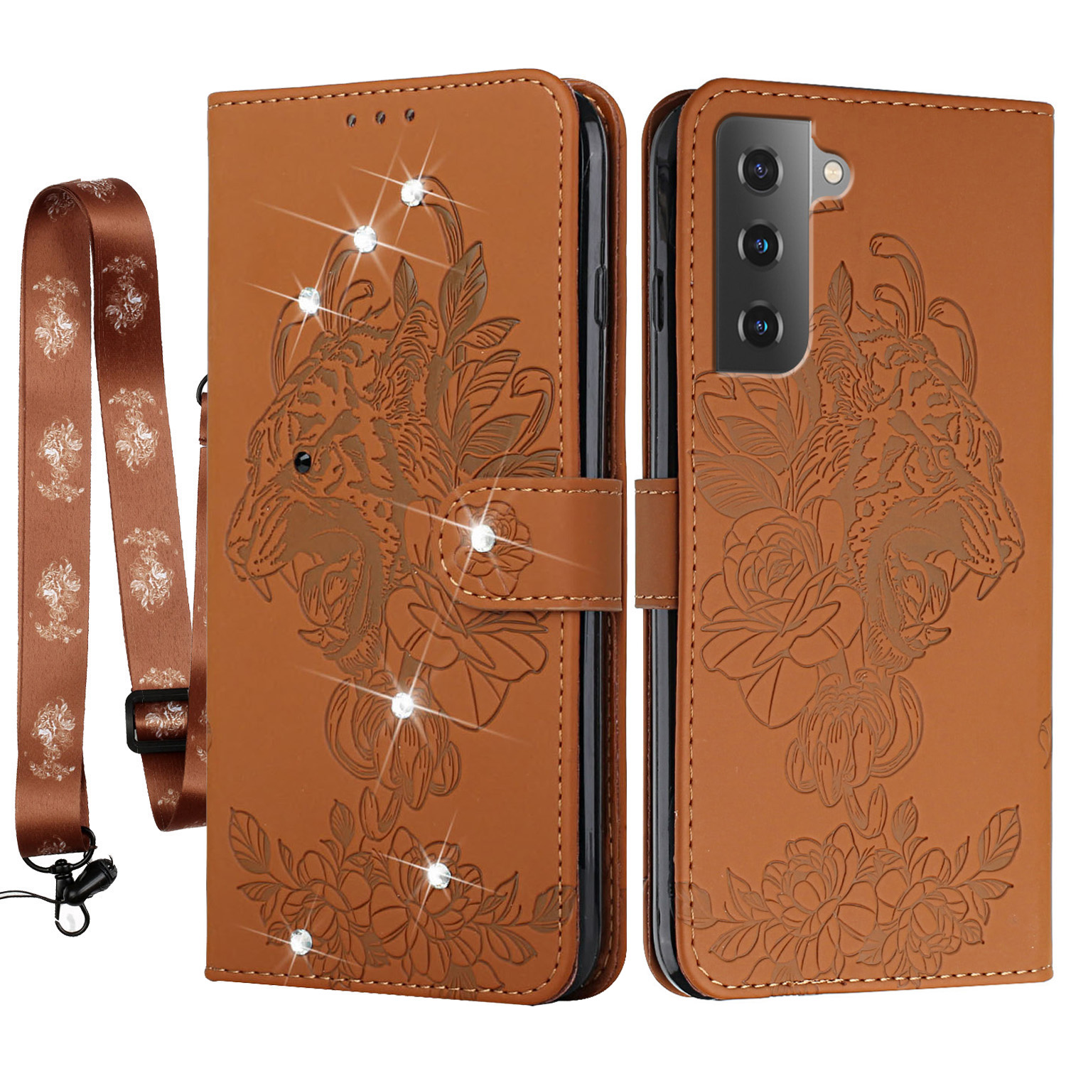 

Устроение Тигрового Головки Decor Decor PU Кожаное Кошелек. - Коричневый, Galaxy S22+ 5G