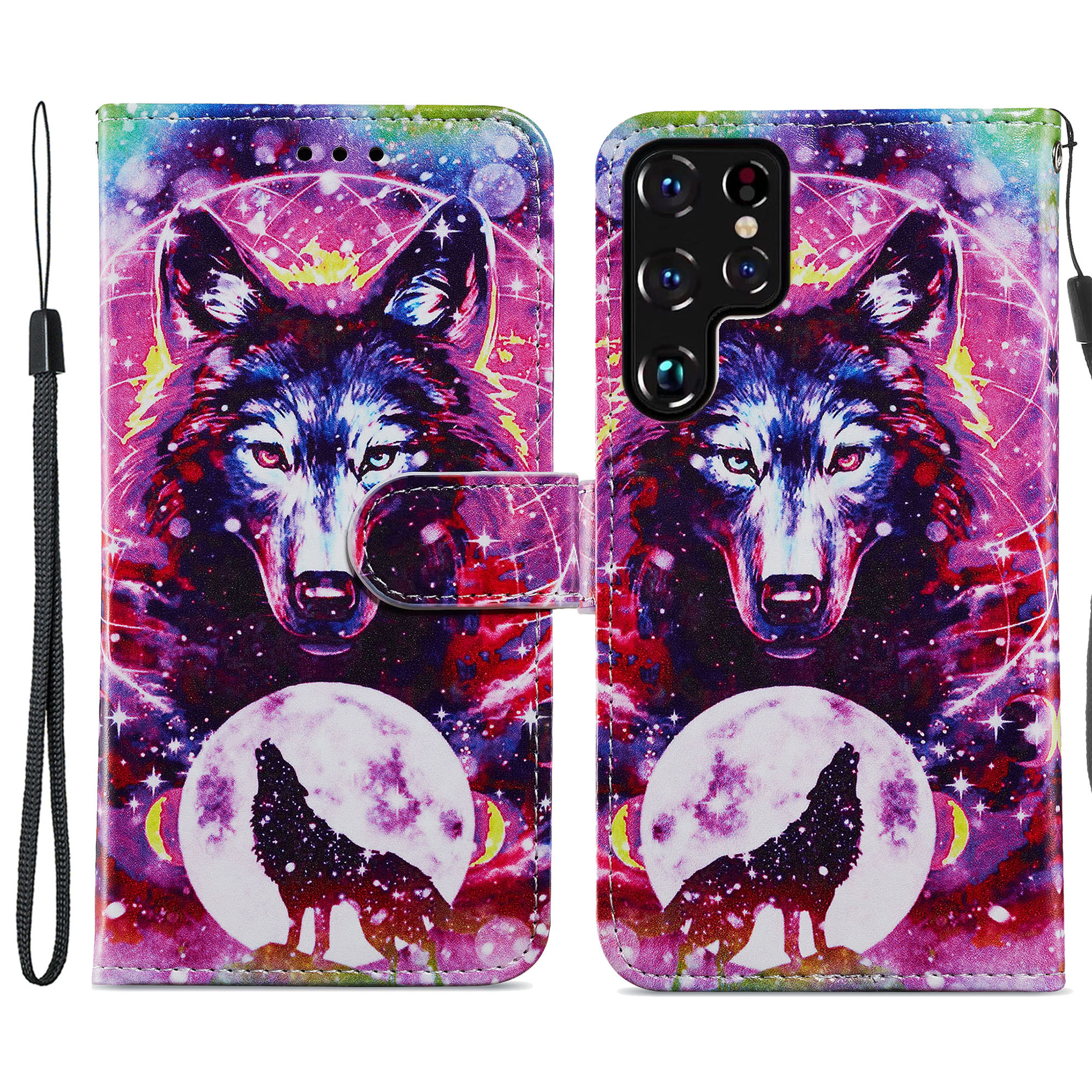 

Дизайн Рисунка Для Печати Кошелька Flip Stand Cuethe Magnetic Cover Cover с Ремешком Для Запястья Для Samsung Galaxy S22 Ultra 5G - Волк Тотем, Galaxy S22 Ultra 5G