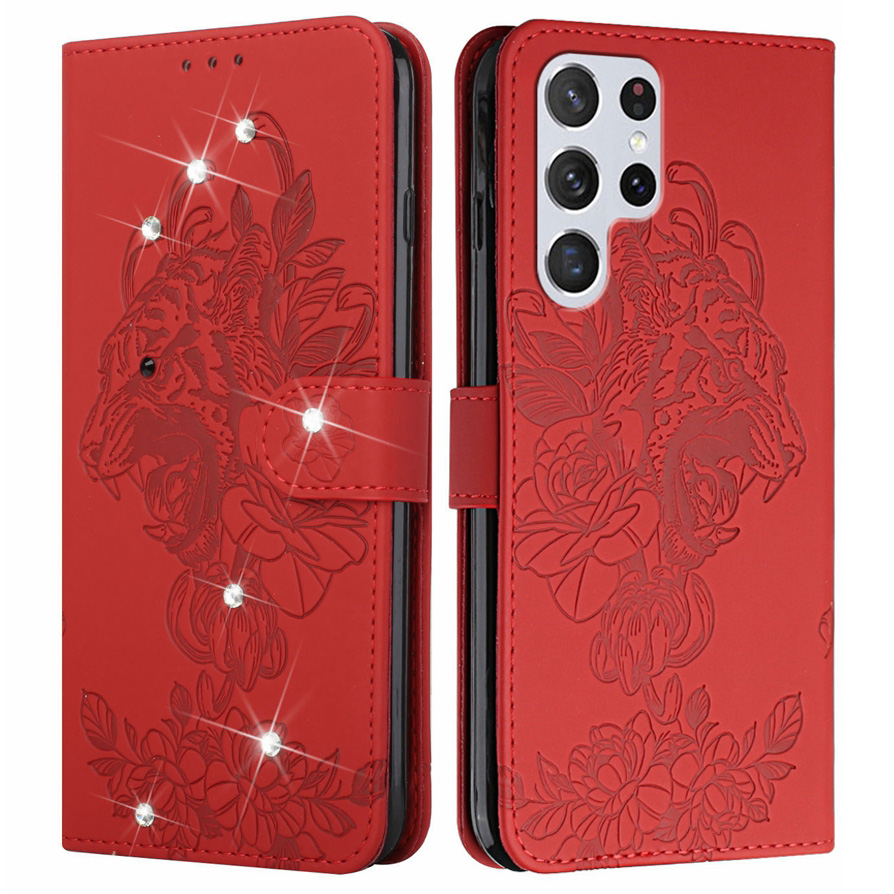 

Imprinting Tiger Head Rhinestones Decor PU Leather Stand Wallet Phone Cover Case for Samsung Galaxy S22 Ultra 5G - Red, Galaxy S22 Ultra 5G