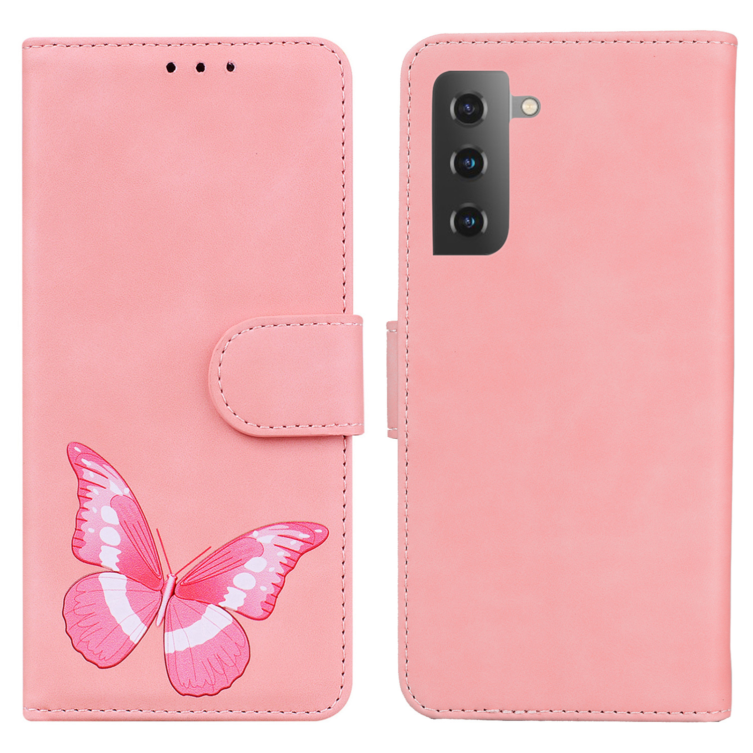 

For Samsung Galaxy S22+ 5G Phone Case Big Butterfly Pattern Printing Dual-sided Magnetic Clasp Anti-scratch Skin-touch PU Leather Phone Cover - Pink, Galaxy S22+ 5G