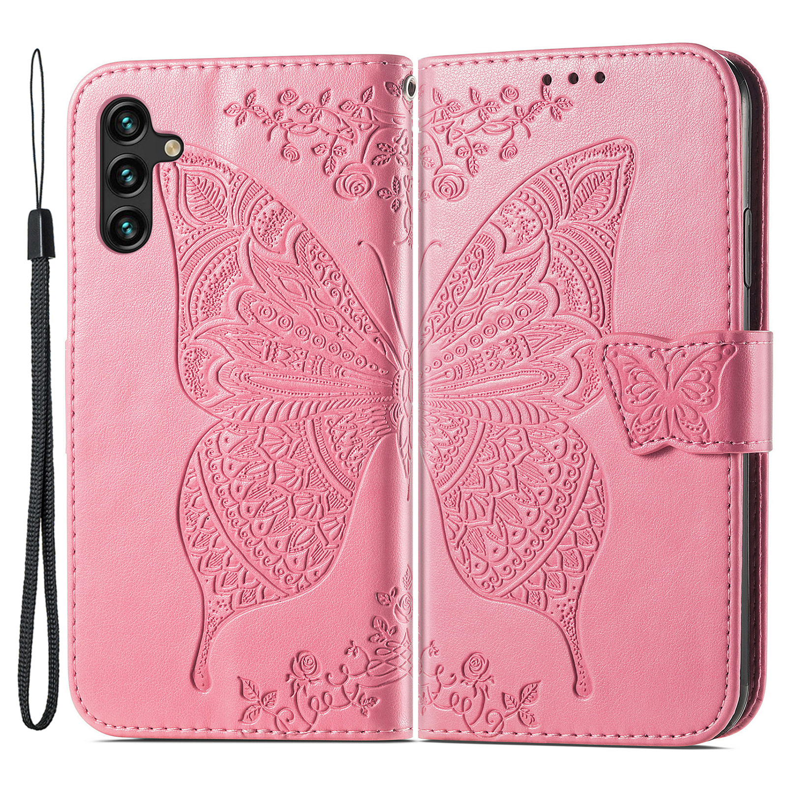 

Wallet Design PU Leather Butterfly Flower Pattern Imprinted Stand Flip Cover with Wrist Strap for Samsung Galaxy A13 5G / A04s 4G (164.7 x 76.7 x 9.1 mm) - Pink, Galaxy A13 5G