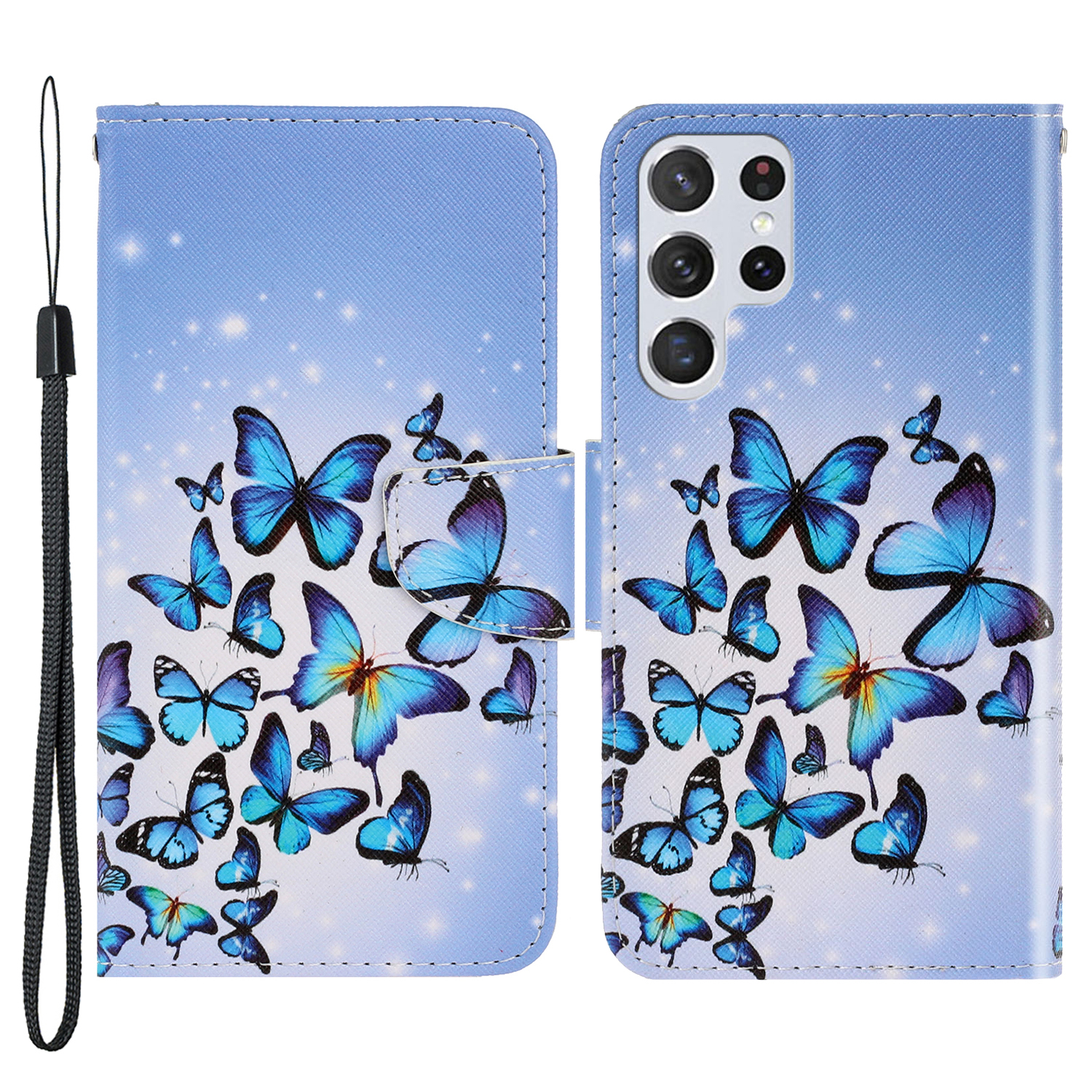 

Pattern Printing Cross Texture Phone Case Stand Wallet Leather Cover with Lanyard for Samsung Galaxy S22 Ultra 5G - Many Butterflies, Galaxy S22 Ultra 5G