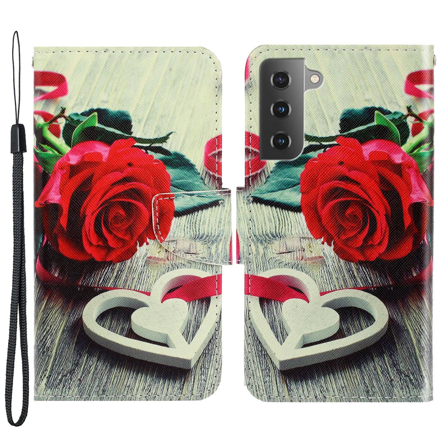 

Pattern Printing PU Leather Folio Flip Phone Case Wallet Stand Cover Shell with Wrist Strap for Samsung Galaxy S22 5G - Red Rose, Galaxy S22 5G