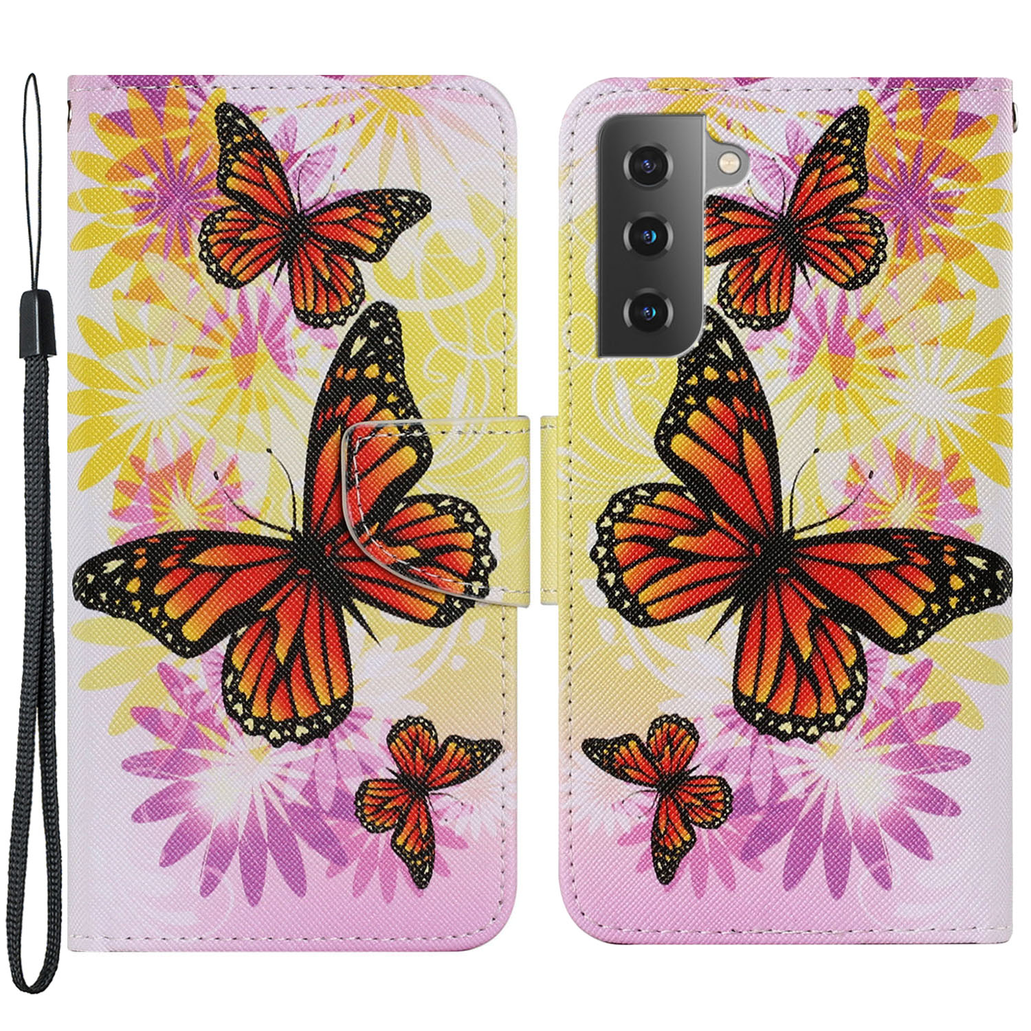 

Foldable Stand Wallet Leather Case Pattern Printing Phone Cover Shell with Wrist Strap for Samsung Galaxy S22 5G - Chrysanthemum and Butterfly, Galaxy S22 5G