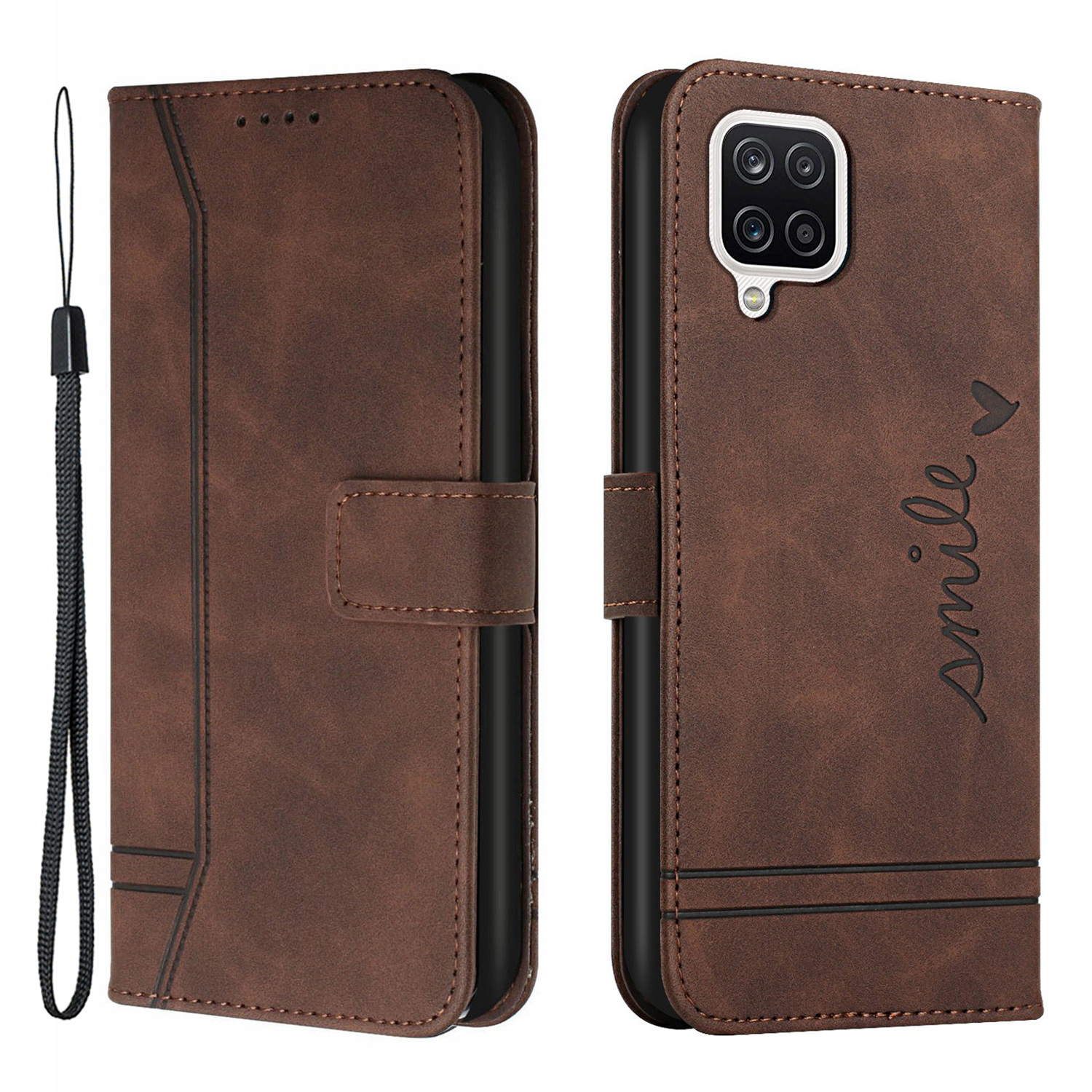 

003 Series Skin Feel Heart Shape Imprint Leather Wallet Stand Cover with Lanyard for Samsung Galaxy F22 - Brown, Samsung Galaxy F22