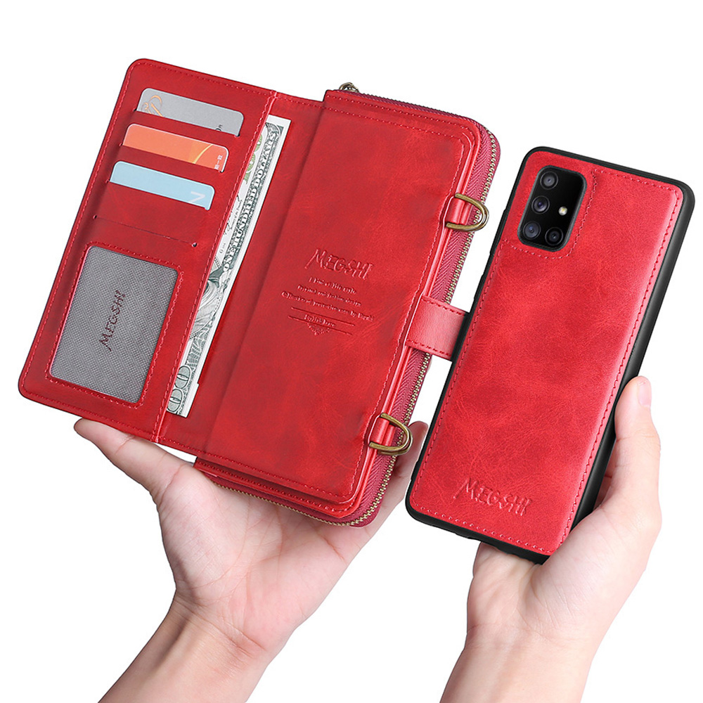 

MEGSHI 020 Series Multifunctional Wallet Magnetic Detachable Design PU Leather TPU Phone Case with Long Strap for Samsung Galaxy A71 4G SM-A715 - Red, Galaxy A71 4G