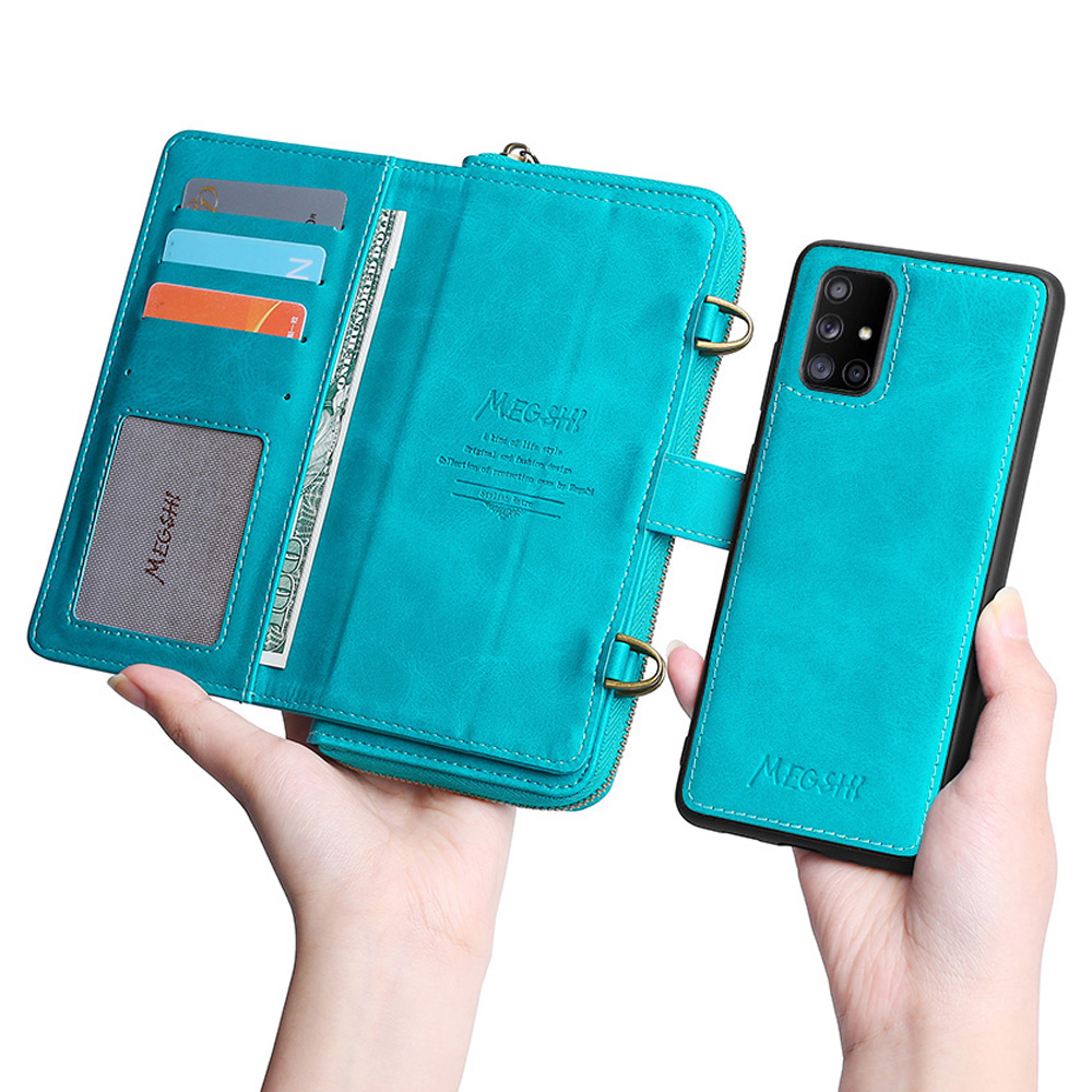 

MEGSHI 020 Series Multifunctional Wallet Magnetic Detachable Design PU Leather TPU Phone Case with Long Strap for Samsung Galaxy A71 4G SM-A715 - Blue, Galaxy A71 4G