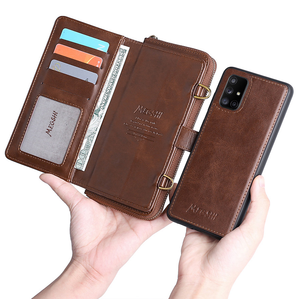 

MEGSHI 020 Series Multifunctional Wallet Magnetic Detachable Design PU Leather TPU Phone Case with Long Strap for Samsung Galaxy A71 4G SM-A715 - Brown, Galaxy A71 4G