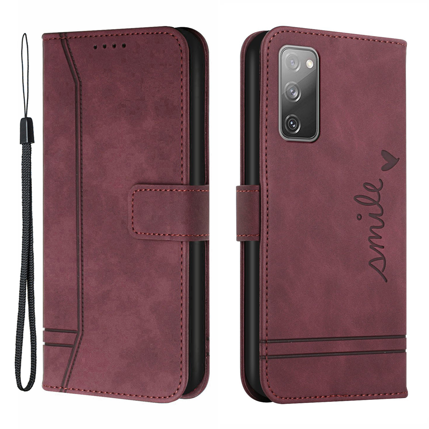 

003 Series Imprinted Heart Shape Pattern Skin-touch PU Leather Stand Wallet Flip Cover with Strap for Samsung Galaxy S20 FE 2022/S20 FE/S20 FE 5G/S20 Lite - Wine Red, Galaxy S20 FE 2022