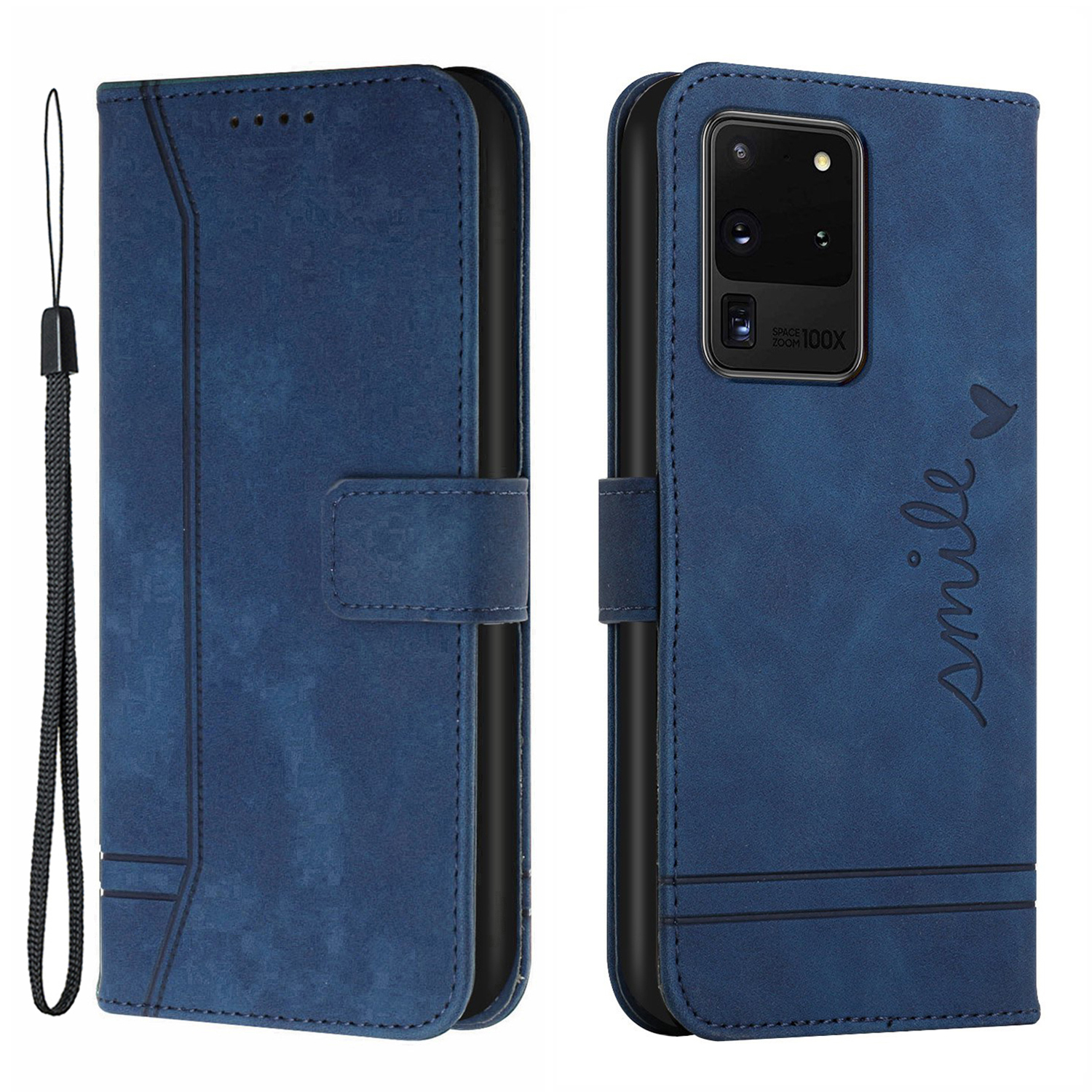 

003 Series Imprinting Heart Shape Folio Flip Stand Skin-touch Leather Wallet Protective Case with Strap for Samsung Galaxy S20 Ultra - Blue, Galaxy S20 Ultra