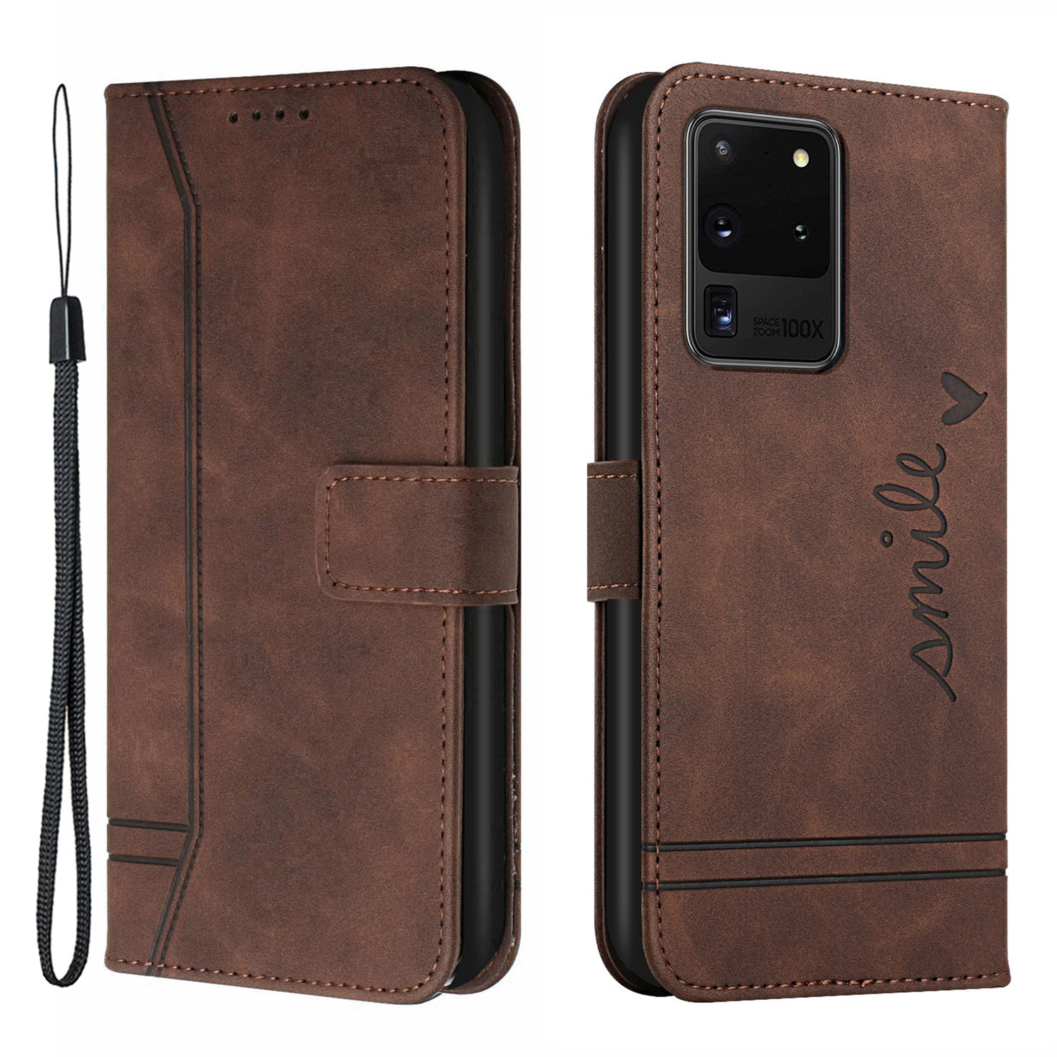 

003 Series Imprinting Heart Shape Folio Flip Stand Skin-touch Leather Wallet Protective Case with Strap for Samsung Galaxy S20 Ultra - Brown, Galaxy S20 Ultra