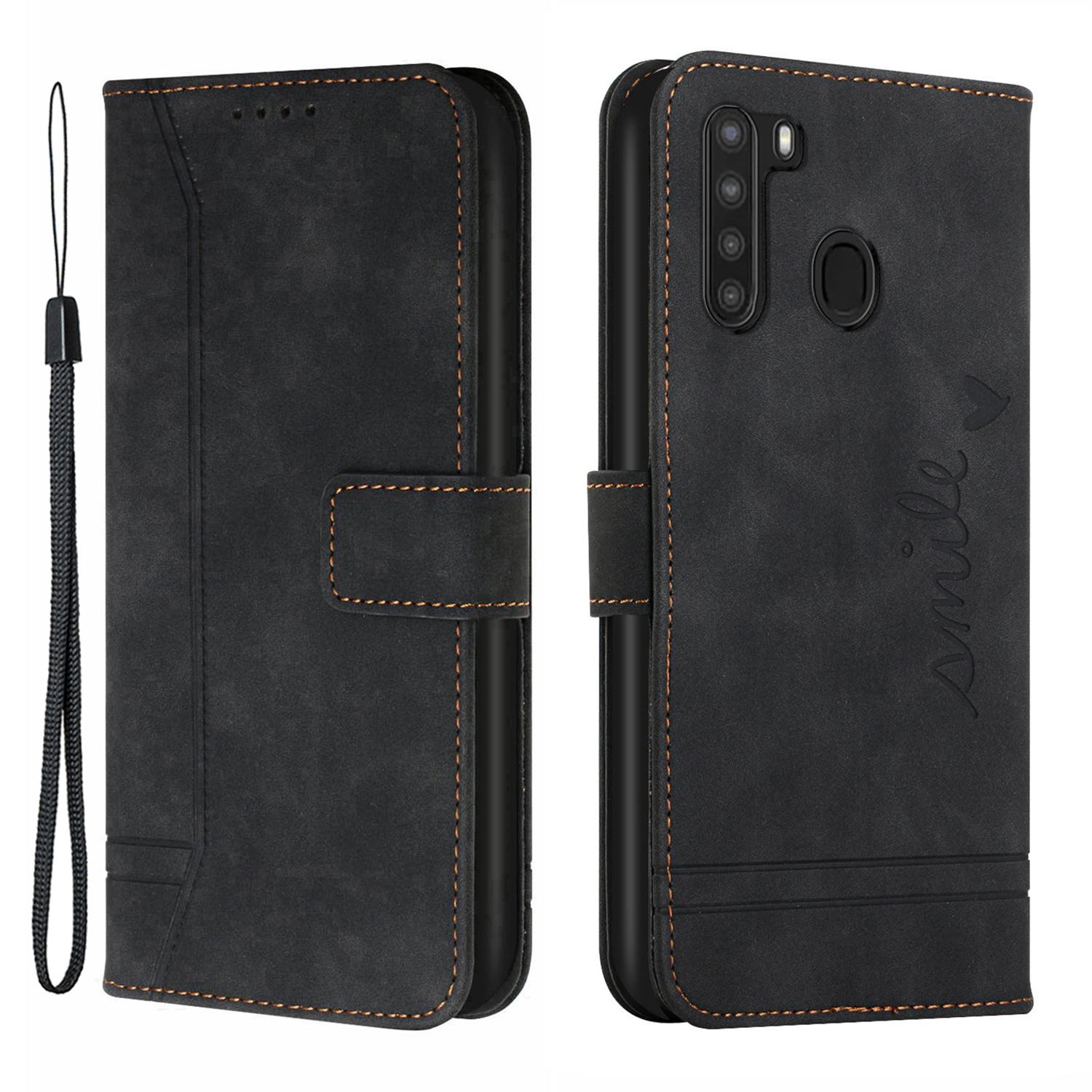 

003 Series Heart Shape Imprinted Skin-touch Leather Stand Wallet Shockproof Flip Folio Phone Case Cover with Strap for Samsung Galaxy A21 (EU Version) - Black, Galaxy A21 (EU Version)