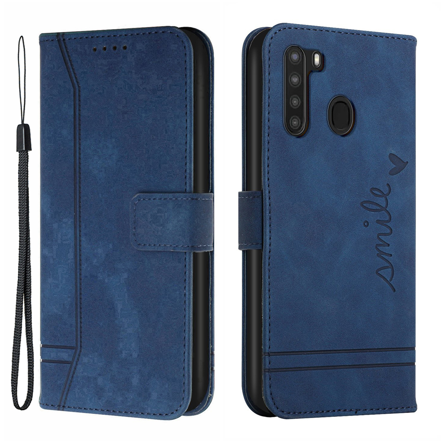 

003 Series Heart Shape Imprinted Skin-touch Leather Stand Wallet Shockproof Flip Folio Phone Case Cover with Strap for Samsung Galaxy A21 (EU Version) - Blue, Galaxy A21 (EU Version)