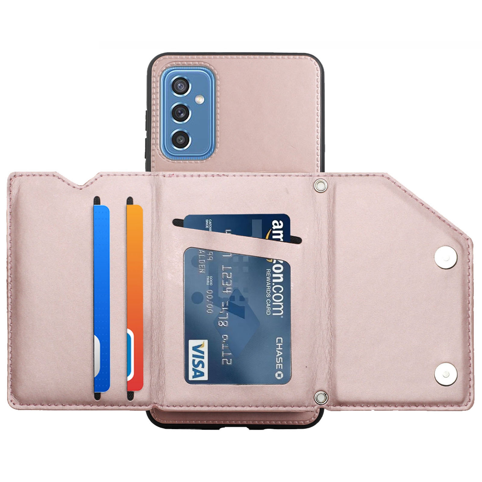 

Scratch-resistant Solid Color Card Slots Kickstand PU Leather + TPU Phone Case with Handy Strap for Samsung Galaxy M52 5G - Rose Gold, Samsung Galaxy M52 5G