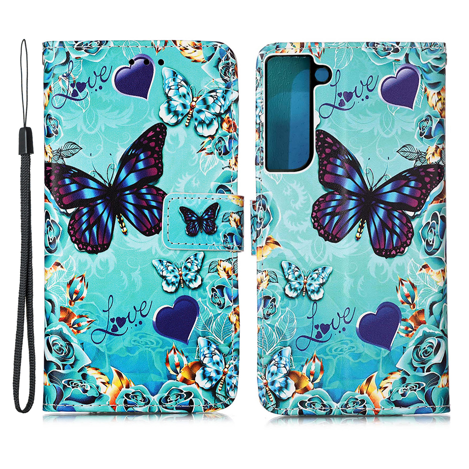 

Stand Feature Pattern Printing PU Leather Wallet Magnetic Flip Protective Cover with Wrist Strap for Samsung Galaxy S22+ 5G - Butterfly and Heart, Galaxy S22+ 5G