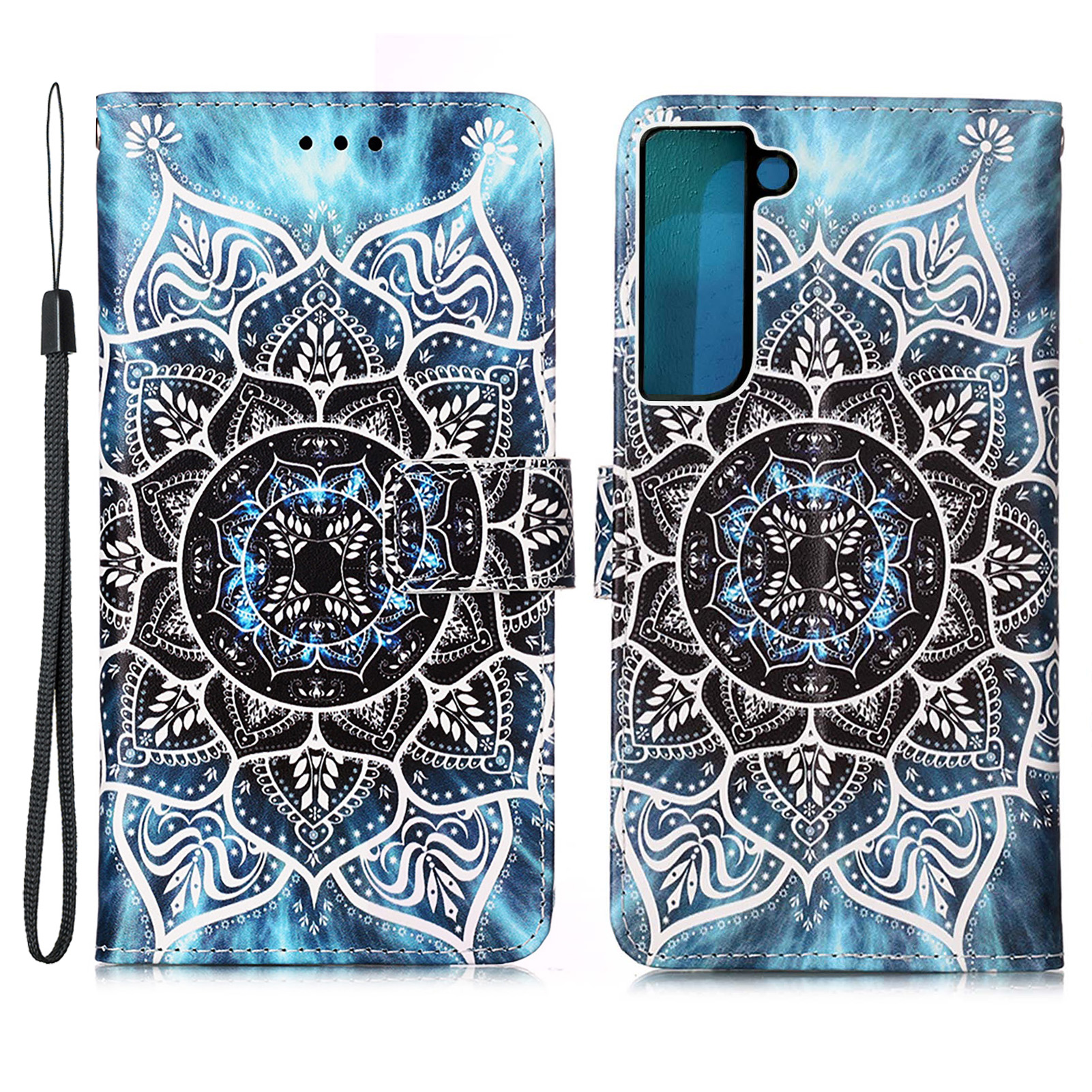

Стенд с Рисунком Печать Кожа Кожа Magnetic Flip Cover с Ремешком Для Запястья Для Samsung Galaxy S22+ 5G - Цветок Мандалы, Galaxy S22+ 5G