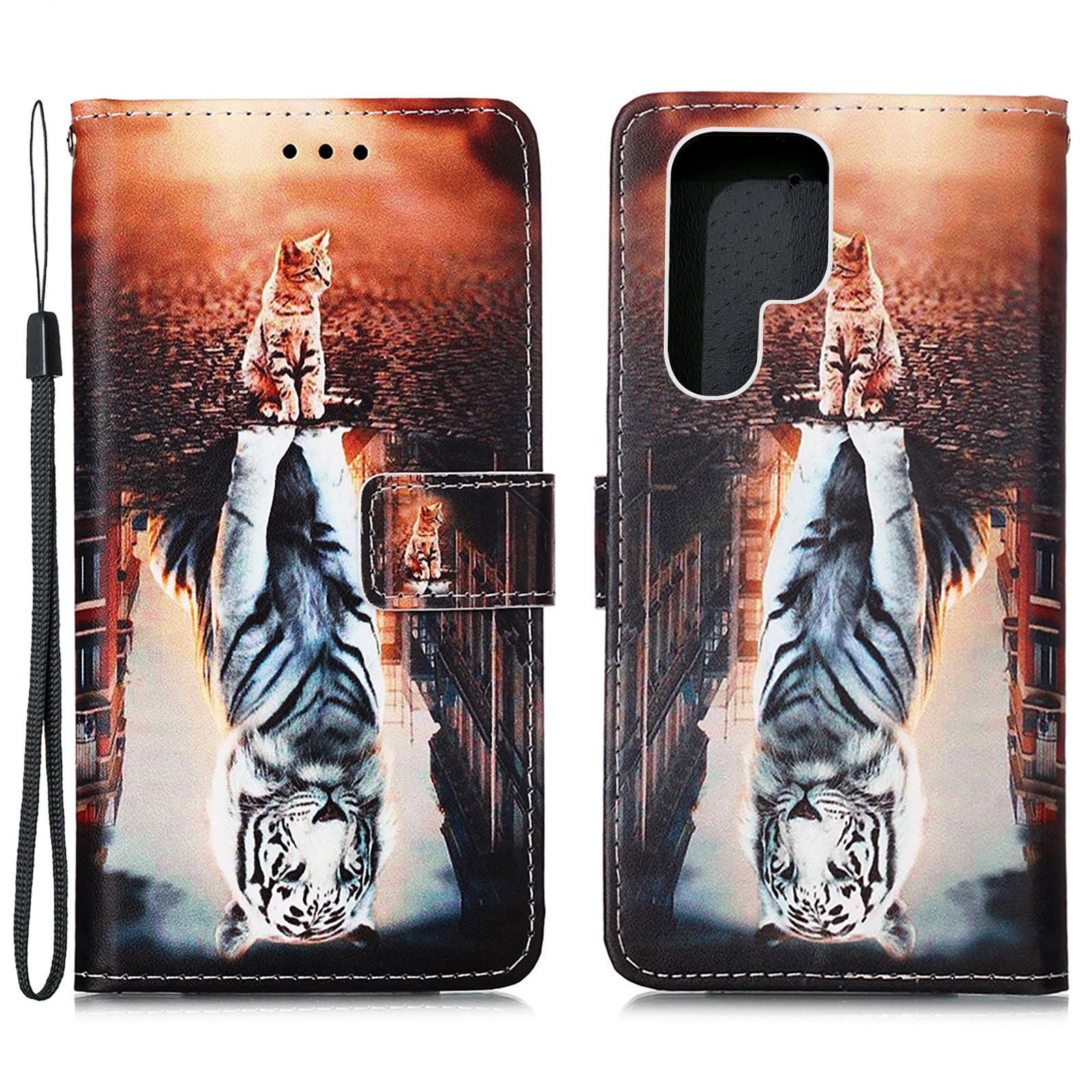 

Shock Absorption Full Protection Pattern Printing Leather Case with Wallet Stand for Samsung Galaxy S22 Ultra 5G - Tiger and Cat, Galaxy S22 Ultra 5G