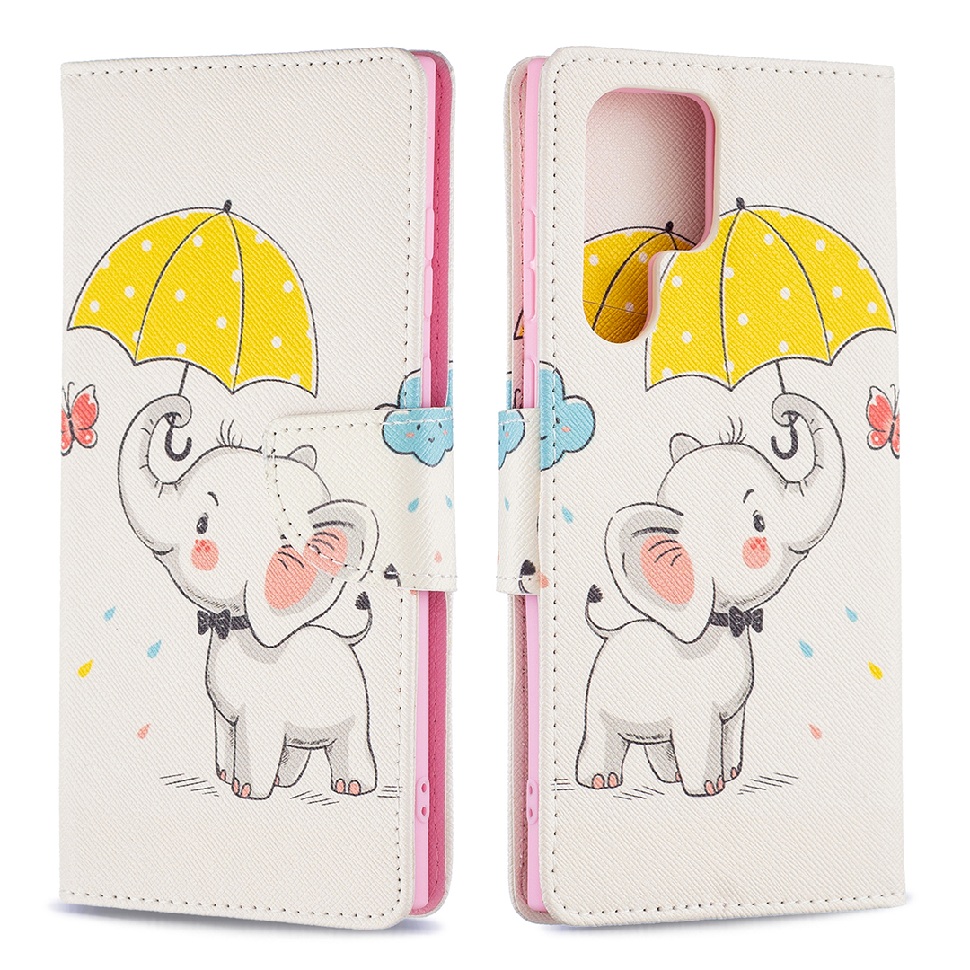 

Pattern Printing Magnetic Clasp Leather Cover Stand Wallet Protective Phone Case for Samsung Galaxy S22 Ultra 5G - Umbrella and Elephant, Galaxy S22 Ultra 5G
